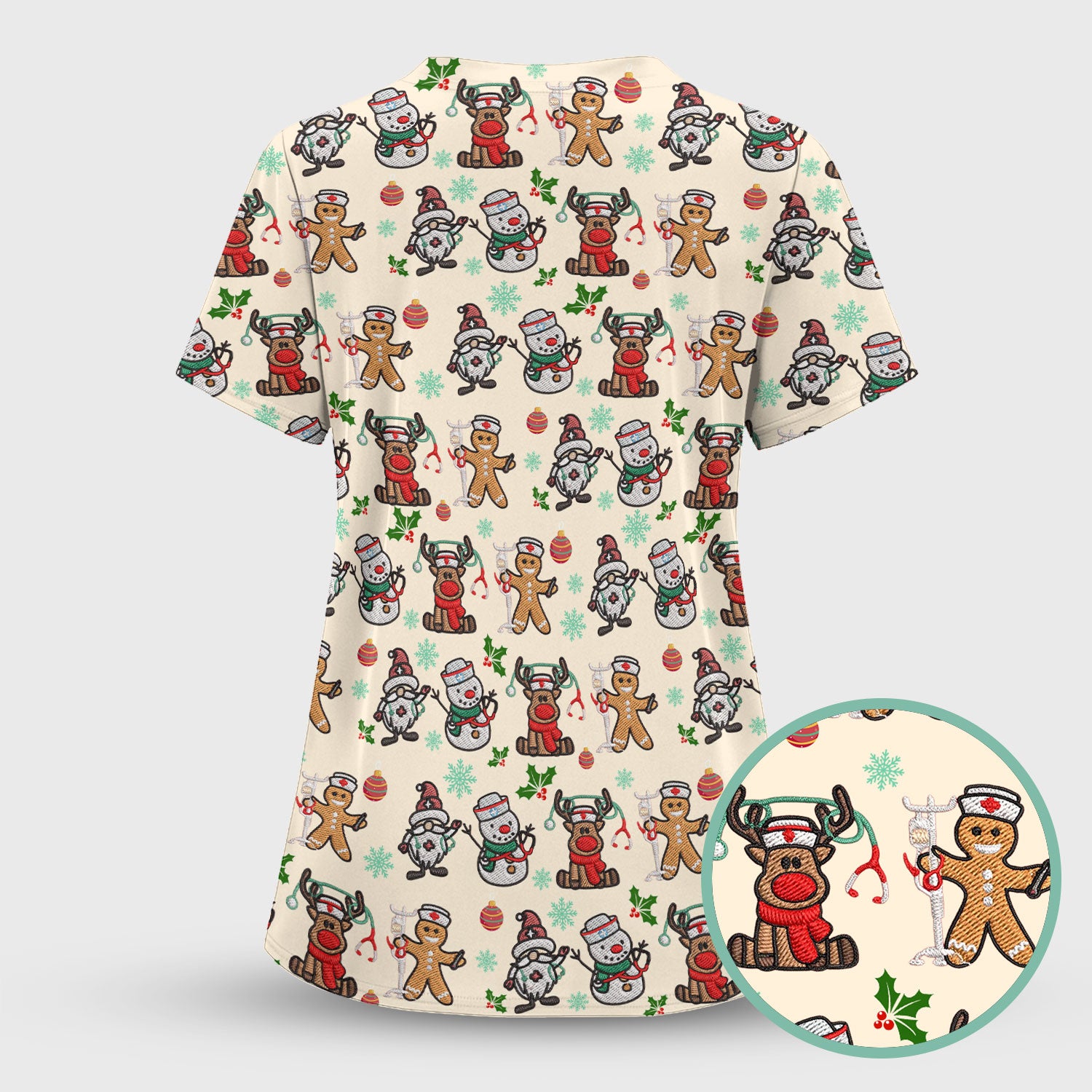 Christmas Gingerbread Scrubs for Women - Comfortable Scrubs for Nurses - Reindeer Santa Med Shirt - Breathable Fabrics Nursing Uniform