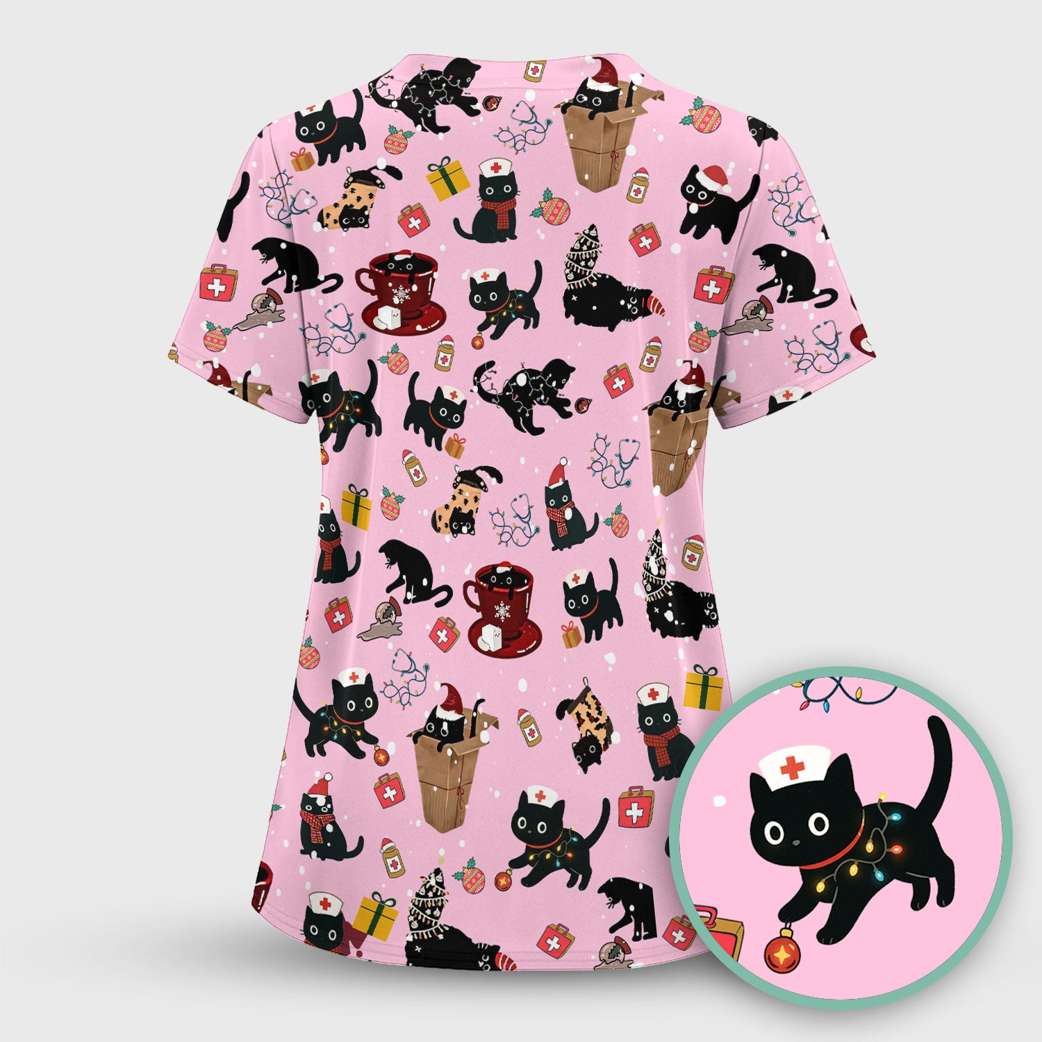 Christmas Cat Scrub Top for Nurse - Funny Black Cats Shirt - Cute Holiday Medical Uniform for Women