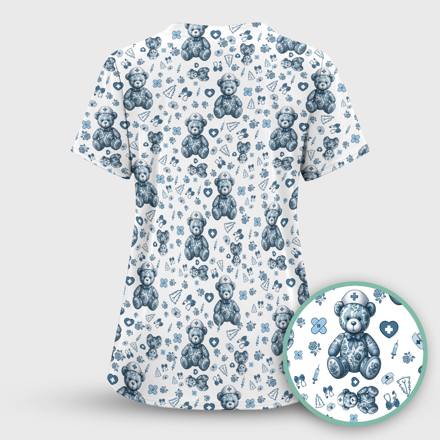 Toile Teddy Bear Nurse Scrub Top - Elegant Blue Toile de Jouy Pattern Medical Shirt for Women - Cute Vintage Nursing Uniform Gift