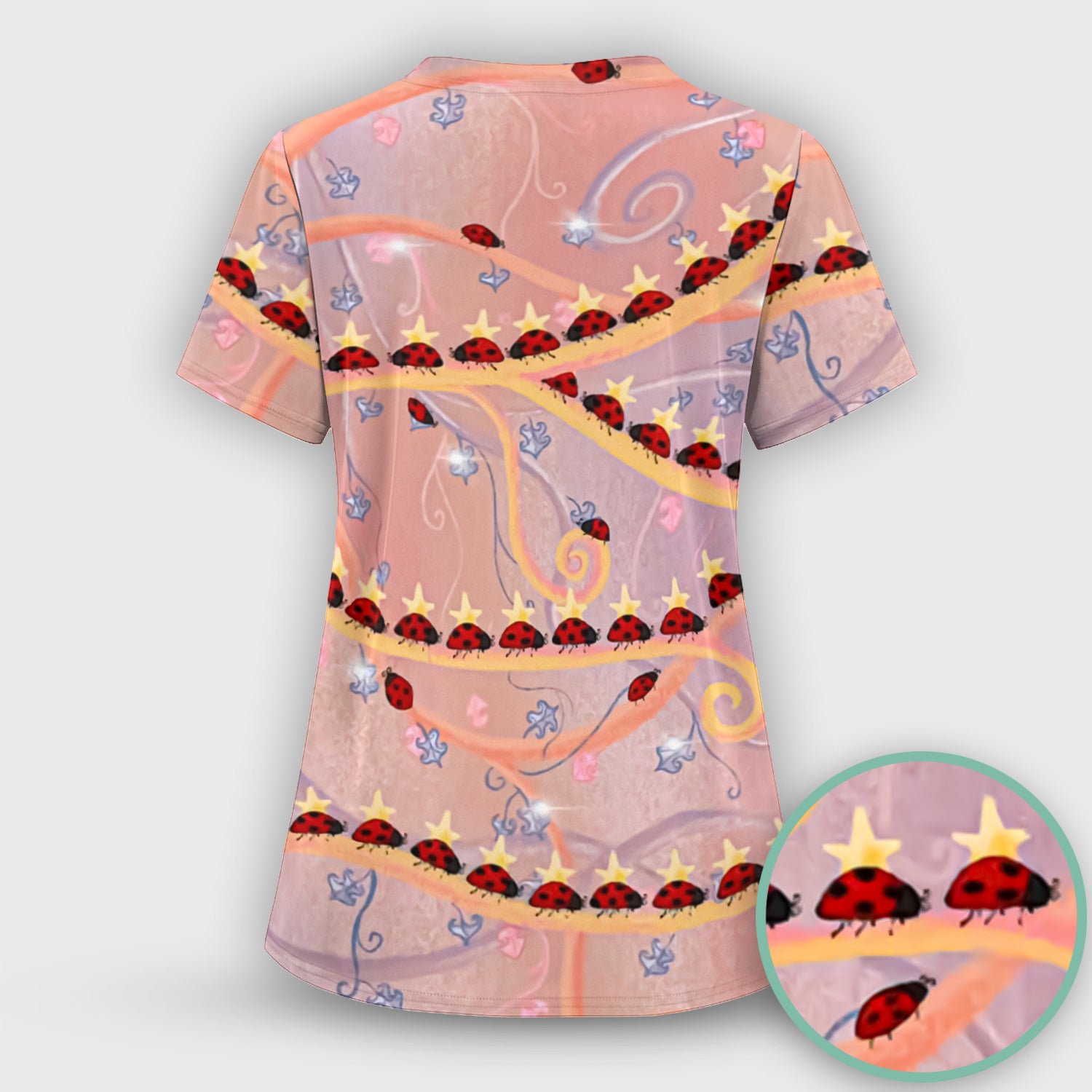 Cute Ladybug Star Vine Swirl Pattern Scrub Top, Comfortable Scrubs for Nurses