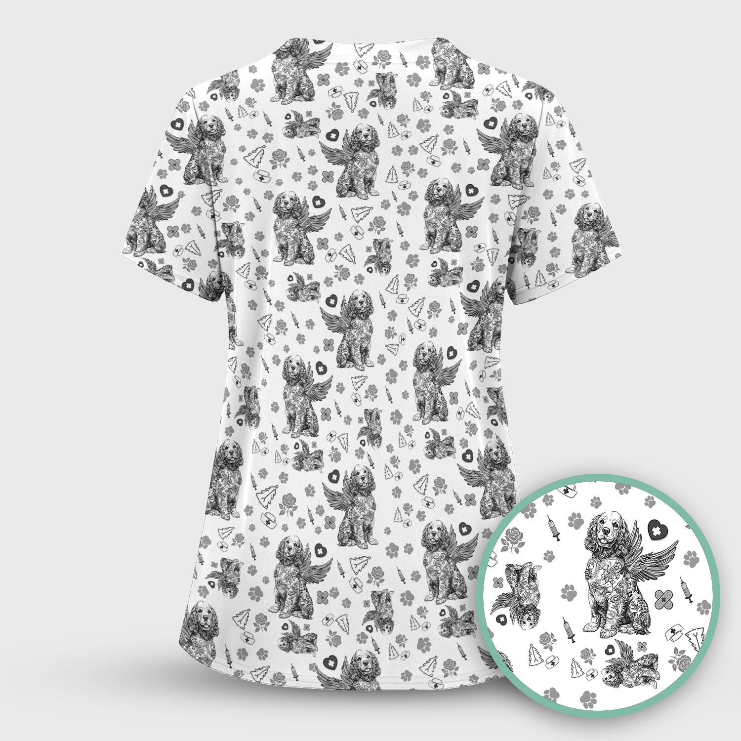 Toile De Jouy Scrubs for Nurses - Angel Puppy Medical Uniform - Floral Dog in Heaven Gift for Women, Vet Techs, RN CNA LPN
