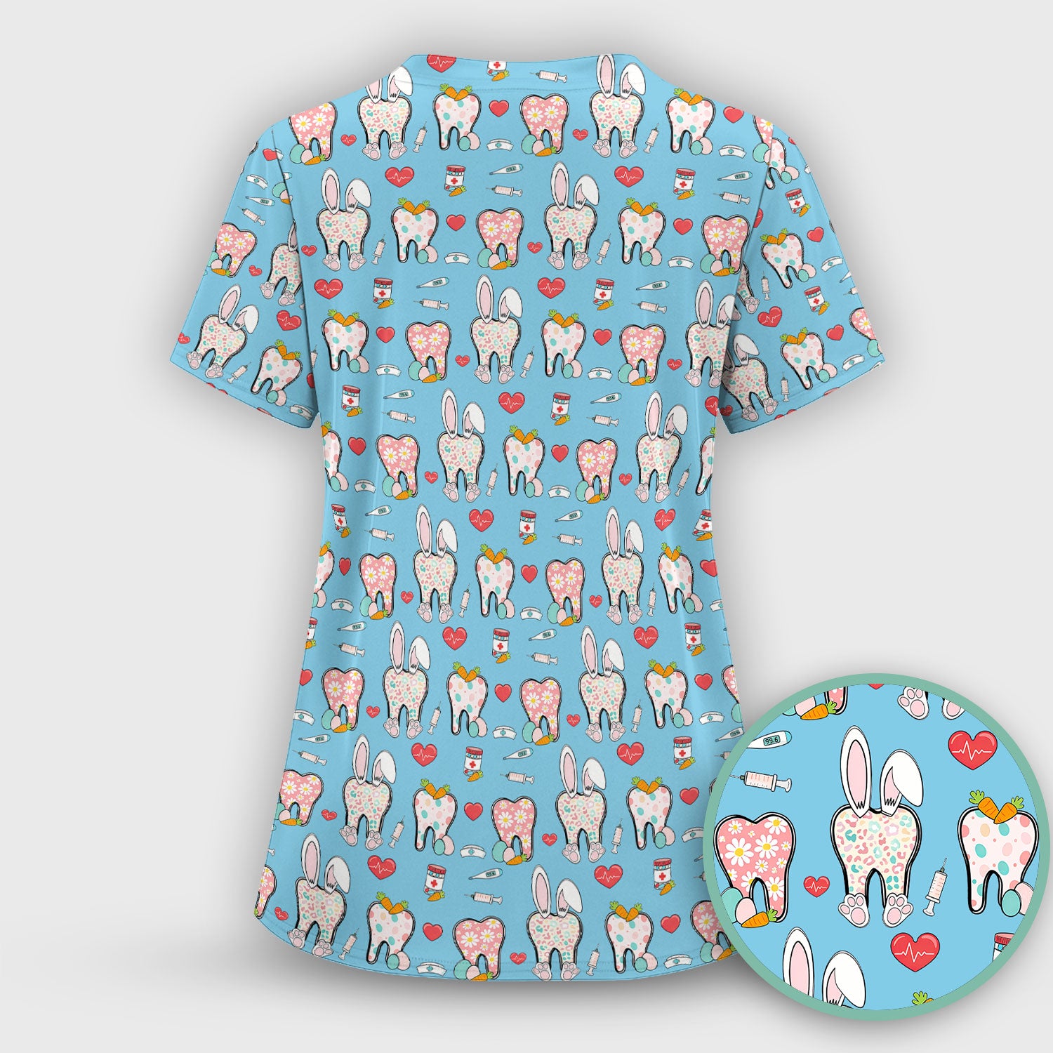 Playful Bunny Dentist Illustration Medical Scrub Top, Comfortable Scrubs for Nurses, Easter