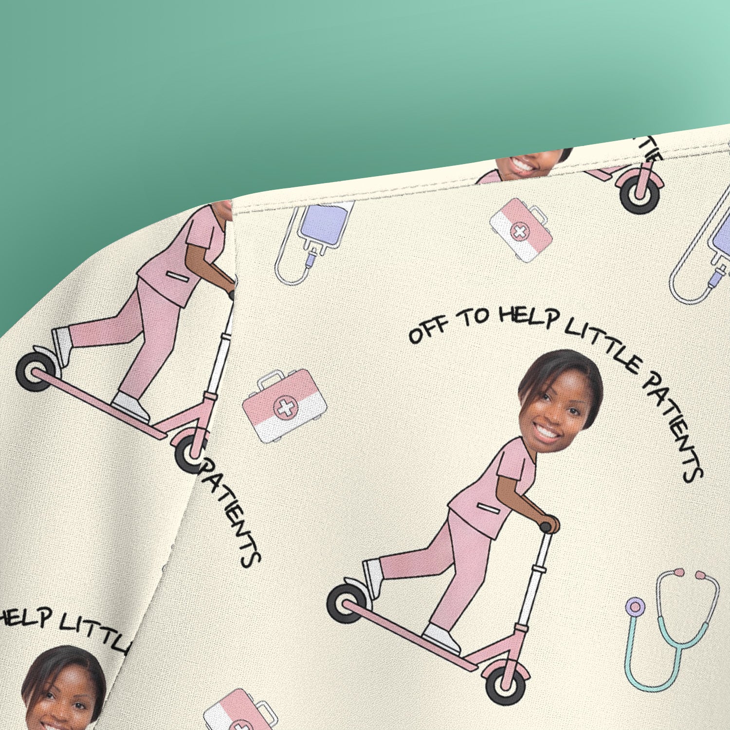 Custom Face Pediatric Nurse Scooter Pattern Scrub Top, Comfortable Scrubs for Nurses