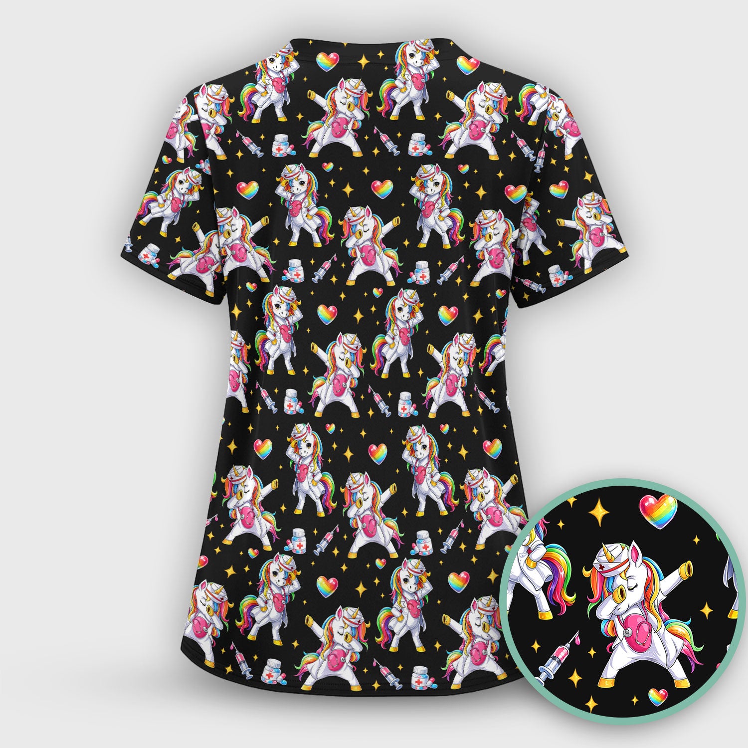 Playful Nurse Unicorn Rainbow Pattern Scrub Top, Comfortable Scrubs for Nurses