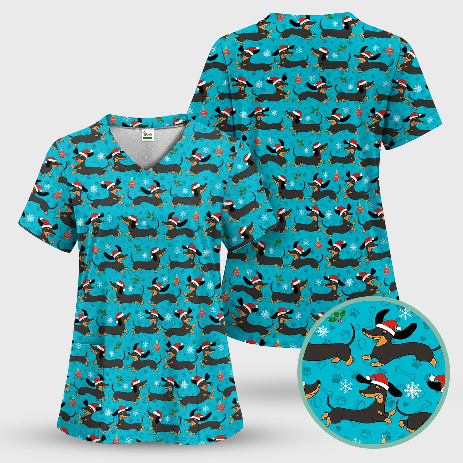 Festive Dachshund Scrub Top for Women - Christmas Sausage Dog Santa Hat Print - Cute Holiday Nurse Medical Uniform RN LPN CNA