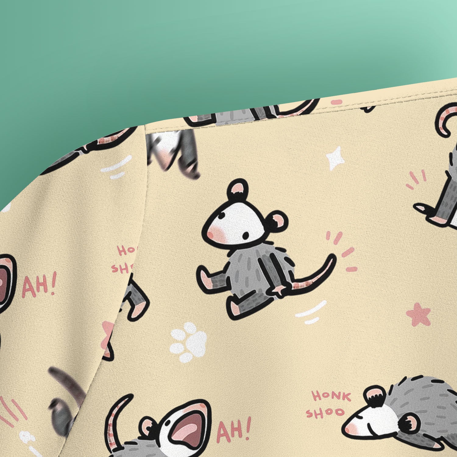 Playful Cartoon Opossum Character Pattern Scrub Top, Breathable Fabrics Nursing Uniform