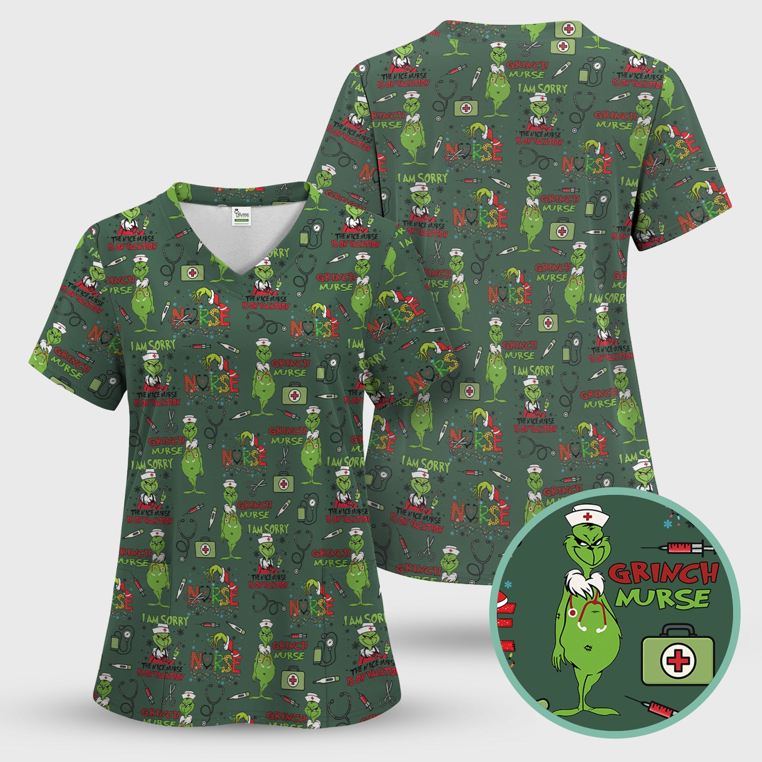 Personalized Funny Grinch Nurse Scrub Top - Christmas Medical Uniform for Nurse - Holiday RN LPN CNA Gift