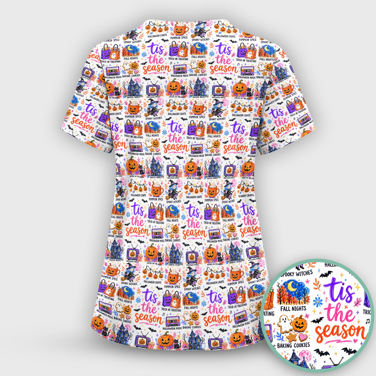 Pumpkin Ghost Spooky Season Print Scrub Set, Scrub Pants and V Neck Top