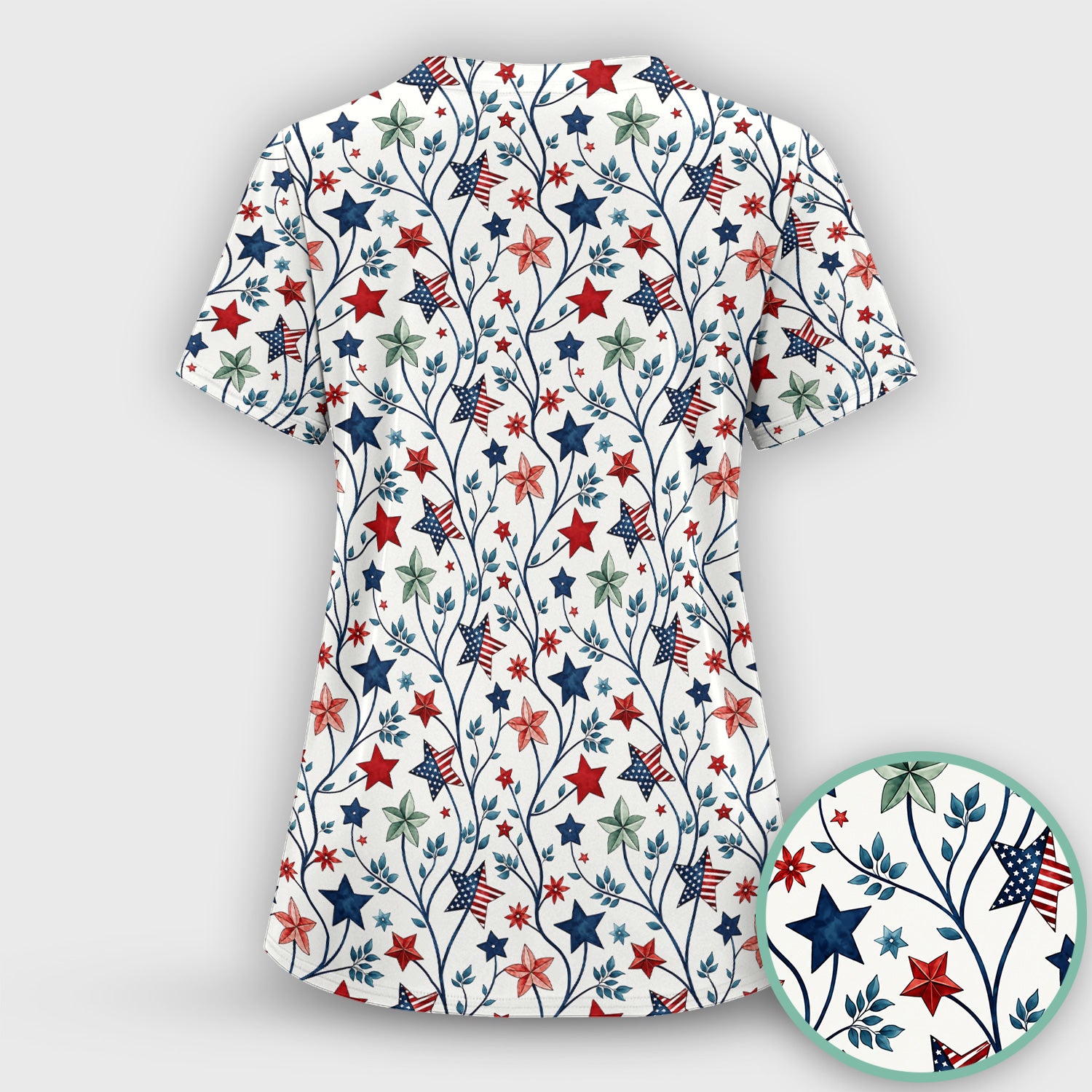 Patriotic Star Vine Floral Print Scrub Top, Comfortable Scrubs for Nurses