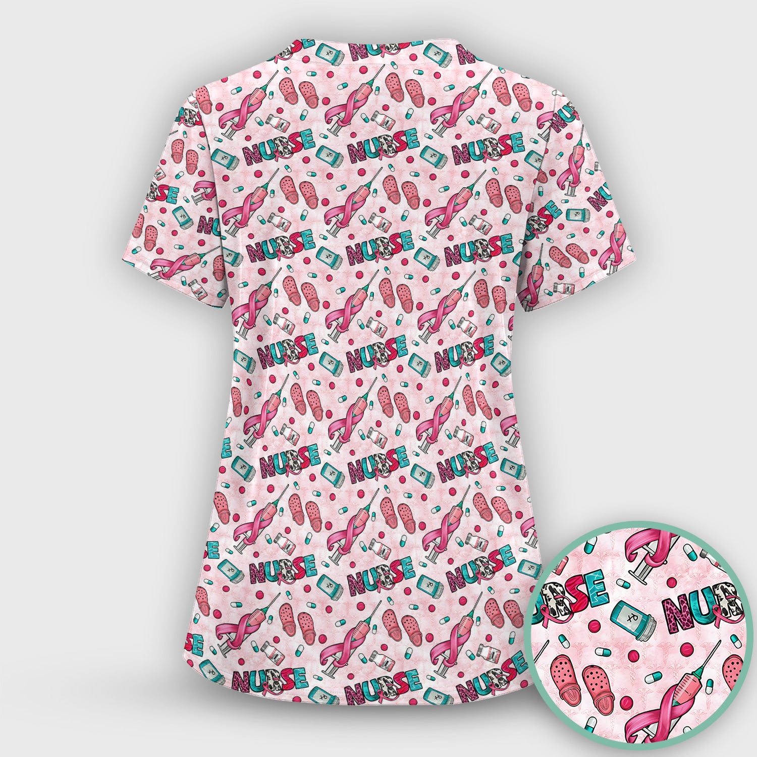 Pink Ribbon with Recovery Print Scrub Top, Comfortable Scrubs for Nurses