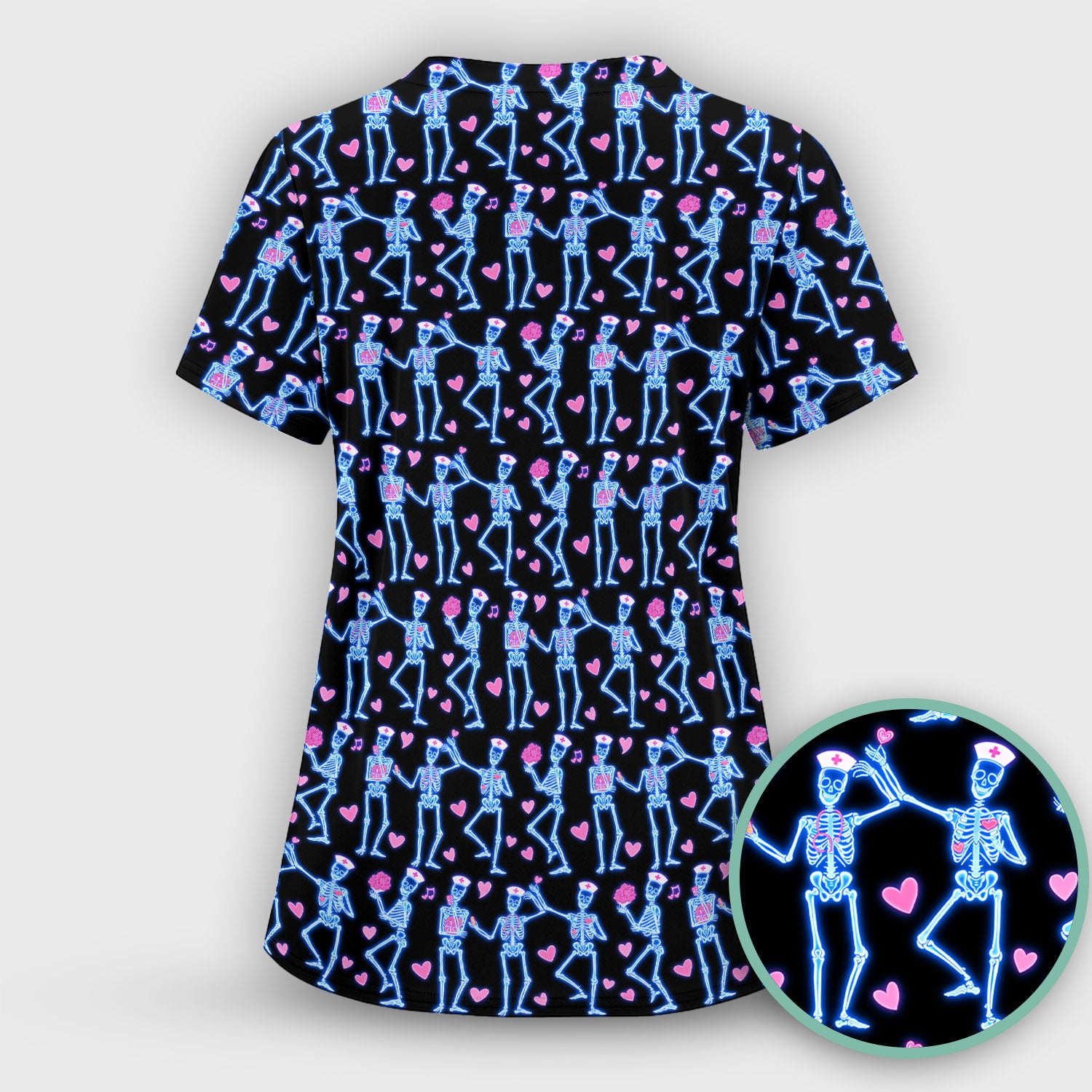 Skeleton Nurse Heart Pattern Scrub Sets, Playful Nurse Style, Scrub Pants and V Neck Top
