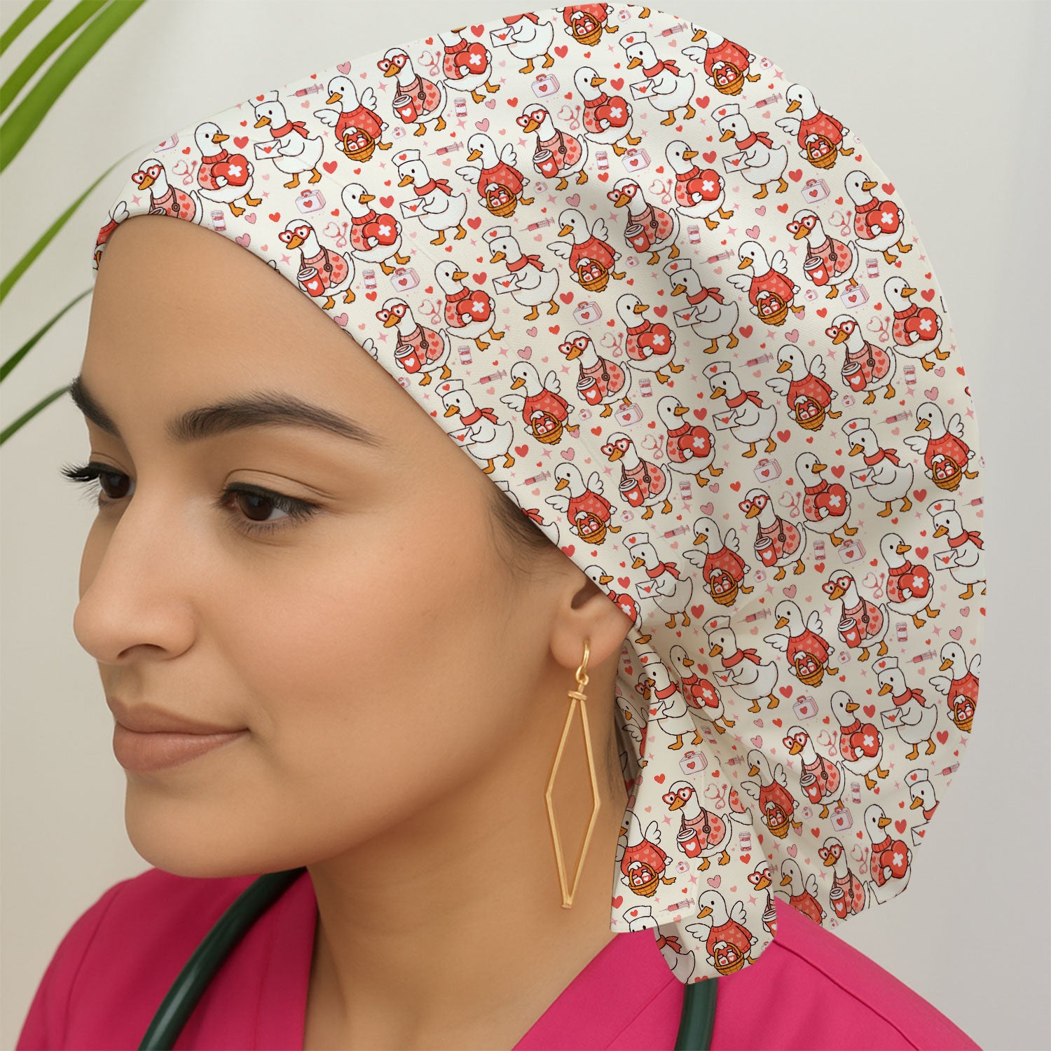Valentine Goose Nurse Scrub Cap, Heart Medical Pattern Nurse Hat, Breathable Fabrics Nursing Uniform