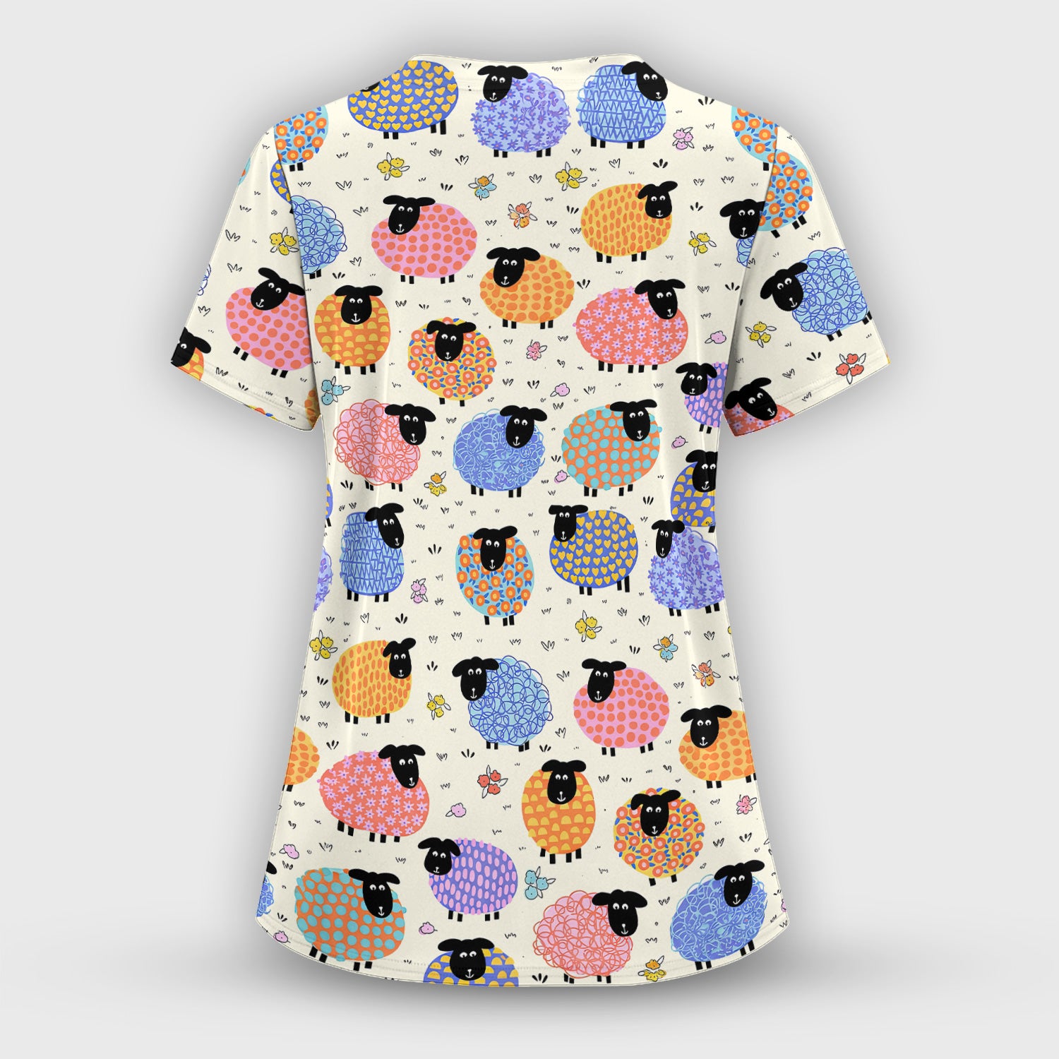Funny Colorful Sheep Pattern Scrub Set, Scrub Pants and V Neck Top