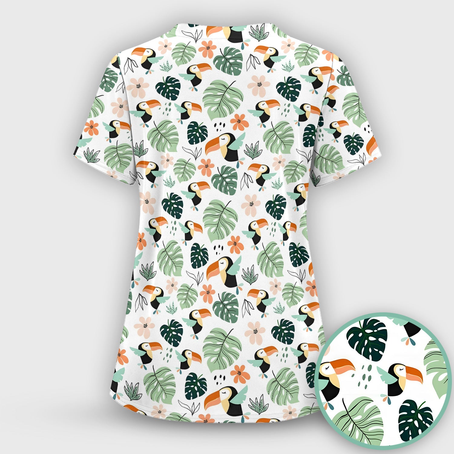 Tropical Toucan Leaf Floral Pattern Scrub Set, Scrub Pants and V Neck Top