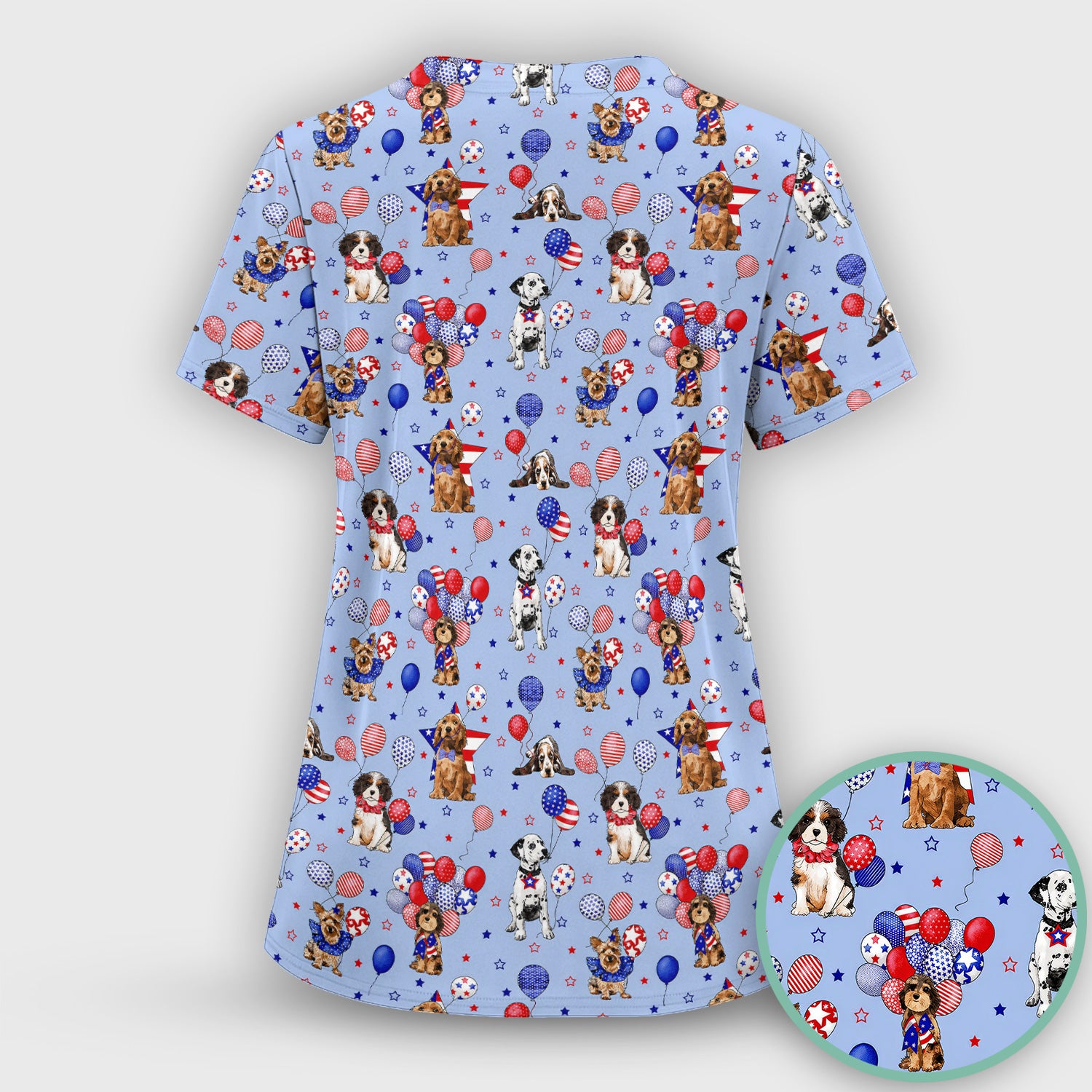 Patriotic Dogs With USA Flag Balloons Pattern Scrub Set, Scrub Pants and V Neck Top
