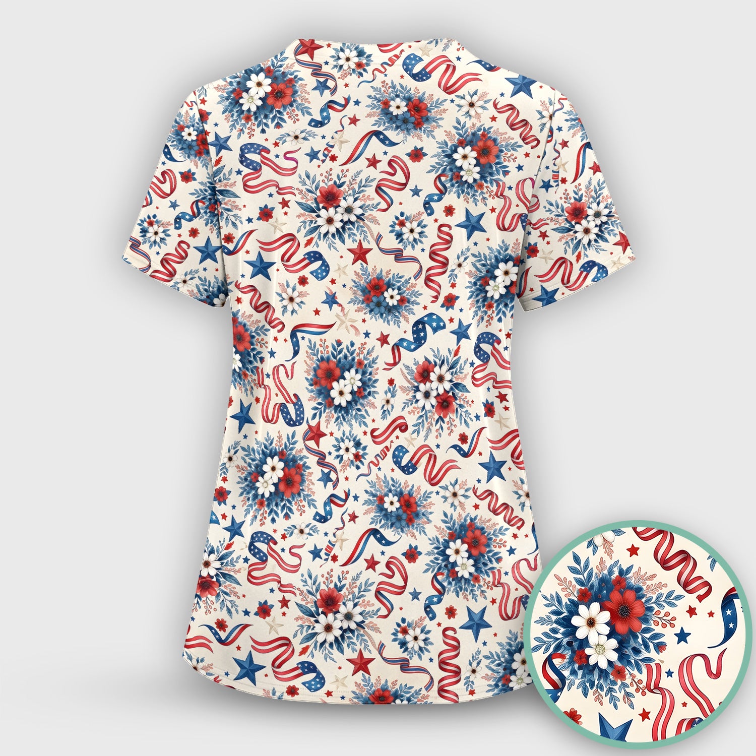 Patriotic Floral Ribbon Nurse for RN & CNA, Americana Healthcare Workers Uniform Scrub Top, Comfortable Scrubs for Nurses