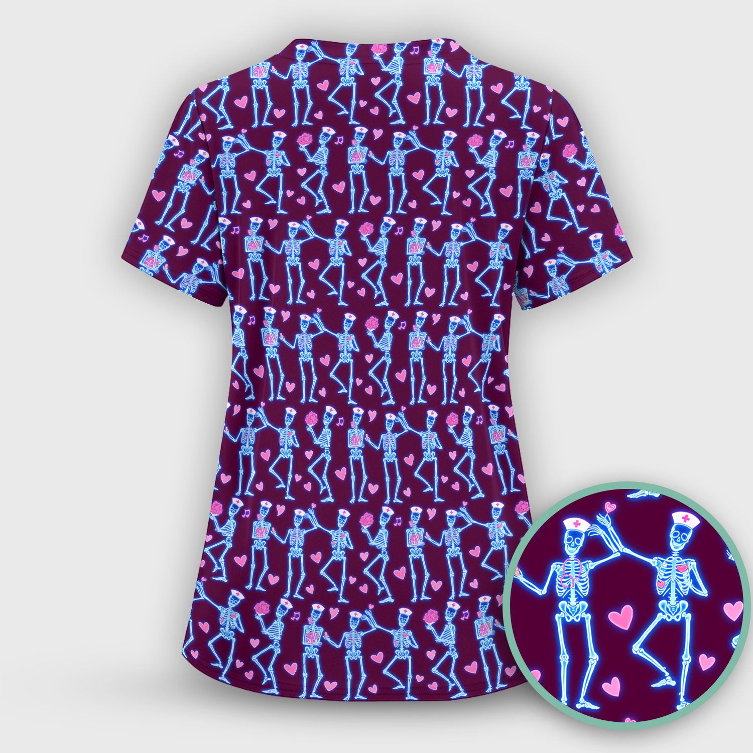 Skeleton Nurse Heart Pattern Scrub Sets, Playful Nurse Style, Scrub Pants and V Neck Top