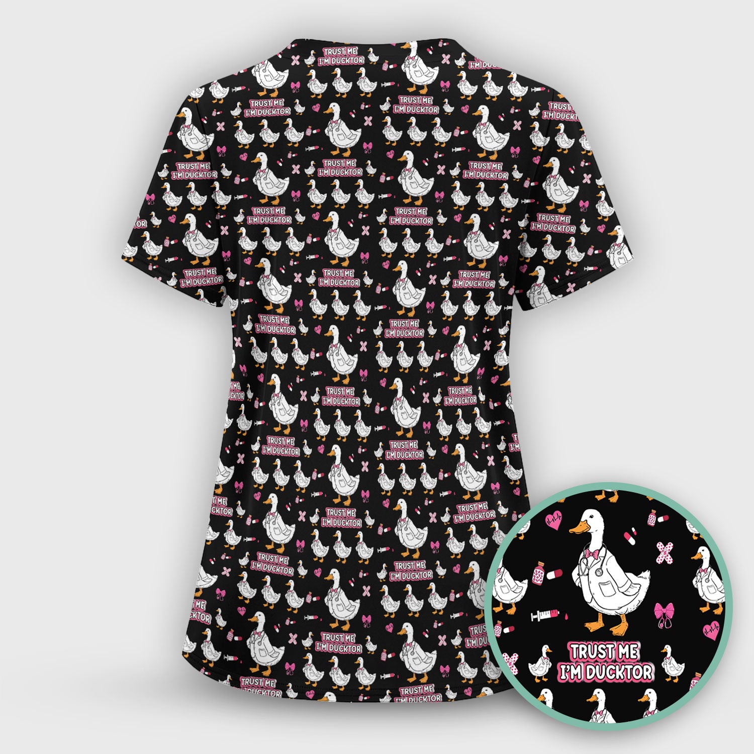 Trust Me I'm Ducktor Scrub Top, Funny Duck Pattern Scrub Shirt, Breathable Fabrics Nursing Uniform For Women