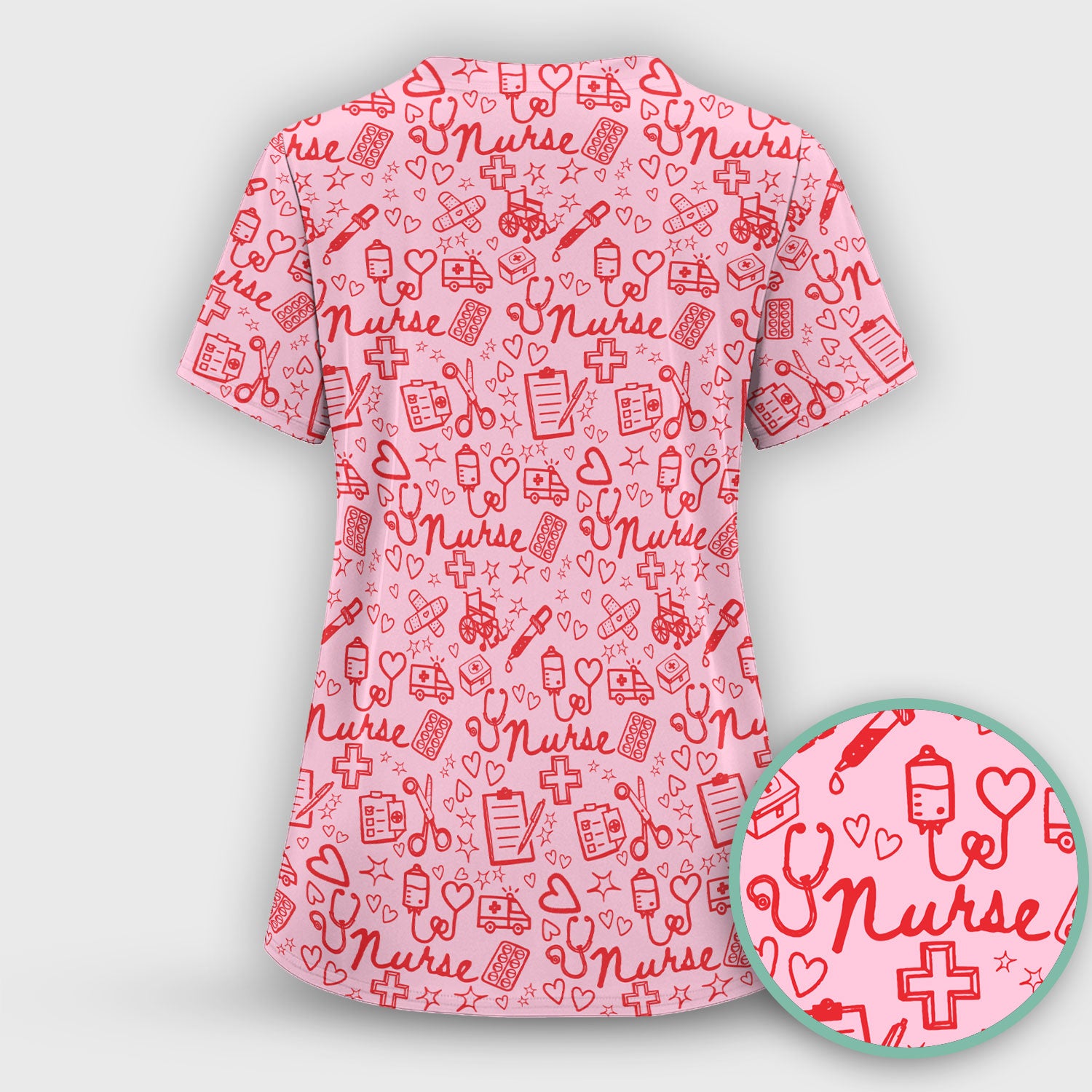 Cute Nurse Heart Medical Pattern Scrub Set, Breathable Med Uniform