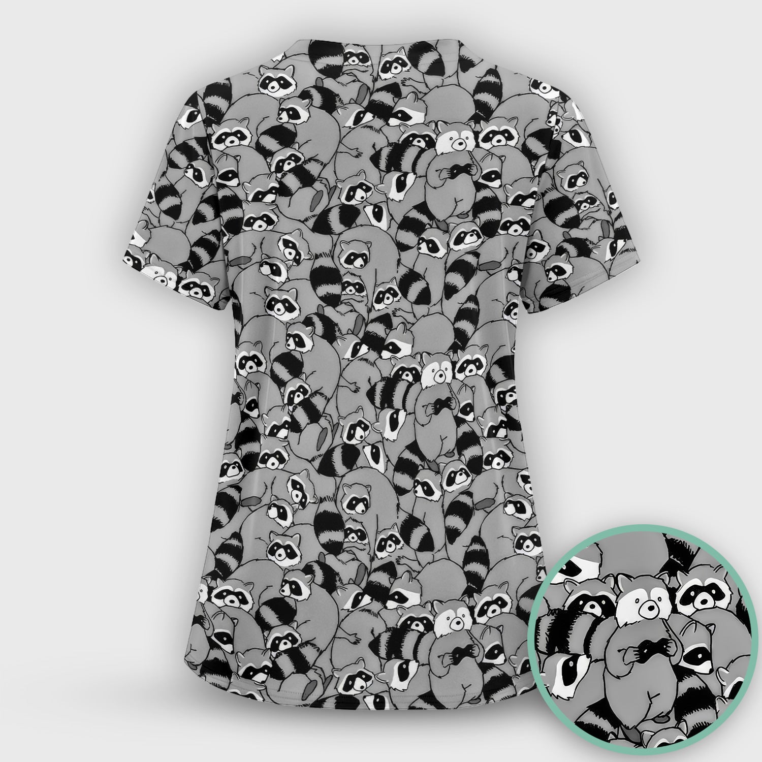 Cute Nurse Raccoon Crowd Pattern Scrub Set, Scrub Pants and V Neck Top