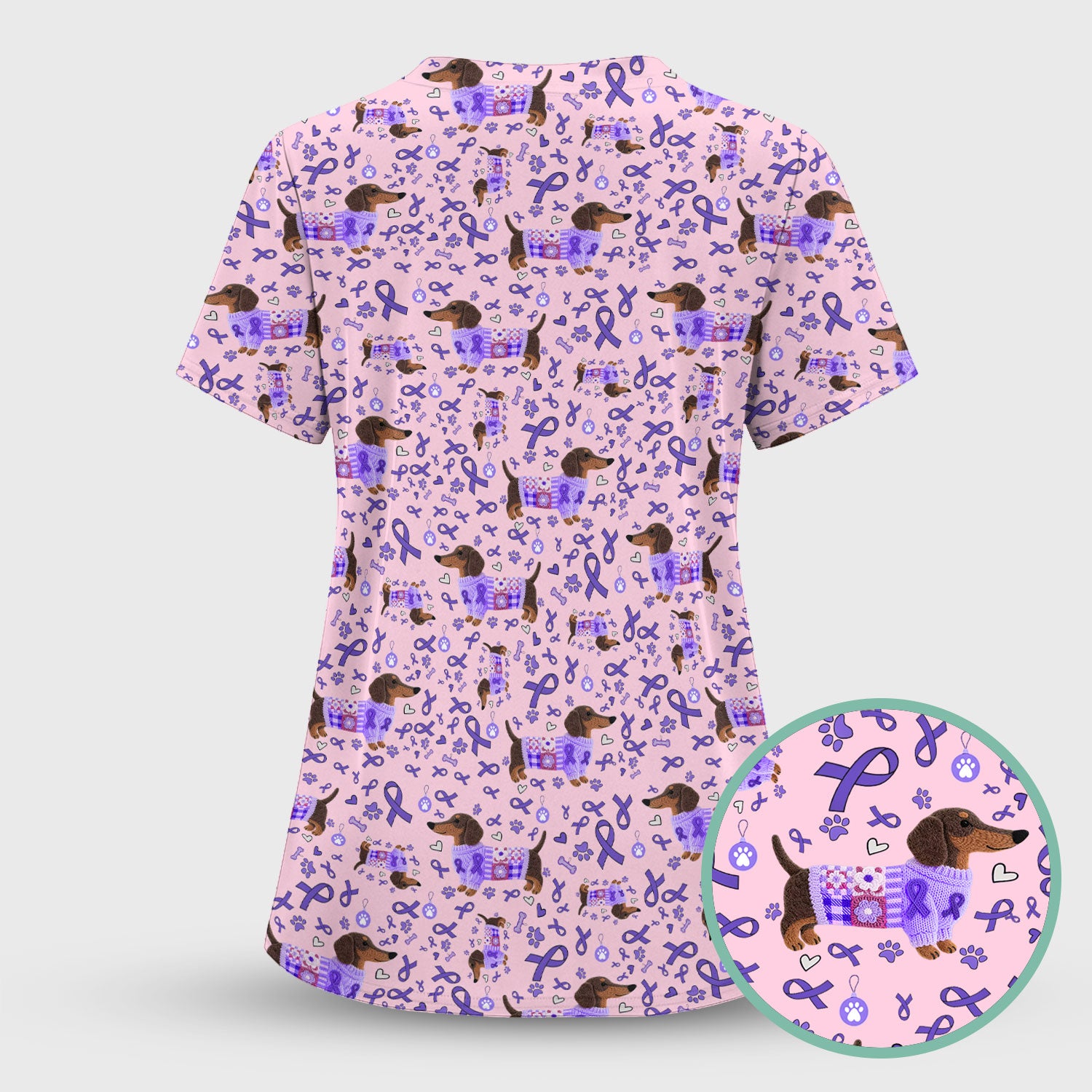 Purple Ribbon Dachshund Scrub Top for Nurses - Cute Awareness Dog Paw Prints - Support Lupus Cancer Med Uniform Gift for Women
