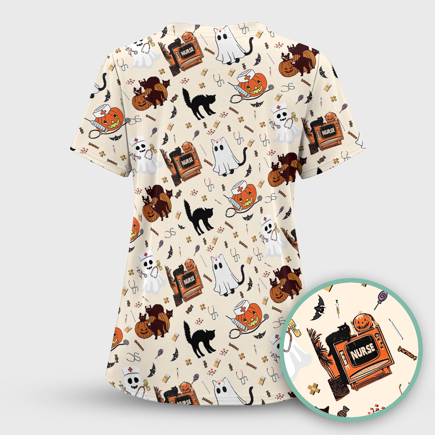 Halloween Scrub Top for Nurse - Cute Pumpkin Ghost Cat Medical Shirt - Spooky Scrubs for Women RN CNA LPN