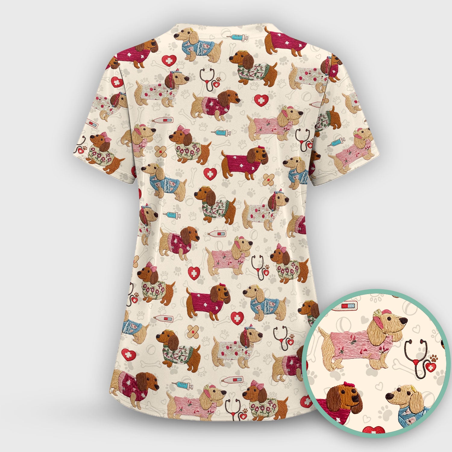 Cute Medical Wiener Dog Pattern Nurse Shirt, Dachshund Nursing Scrub Top, Breathable Fabrics Nursing Uniform