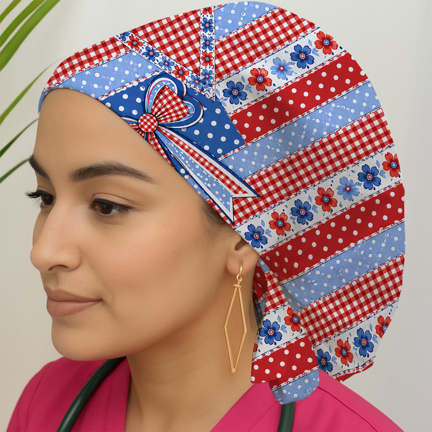 Patriotic Gingham Bow Floral Pattern Scrub Cap, Surgical Caps for Doctors