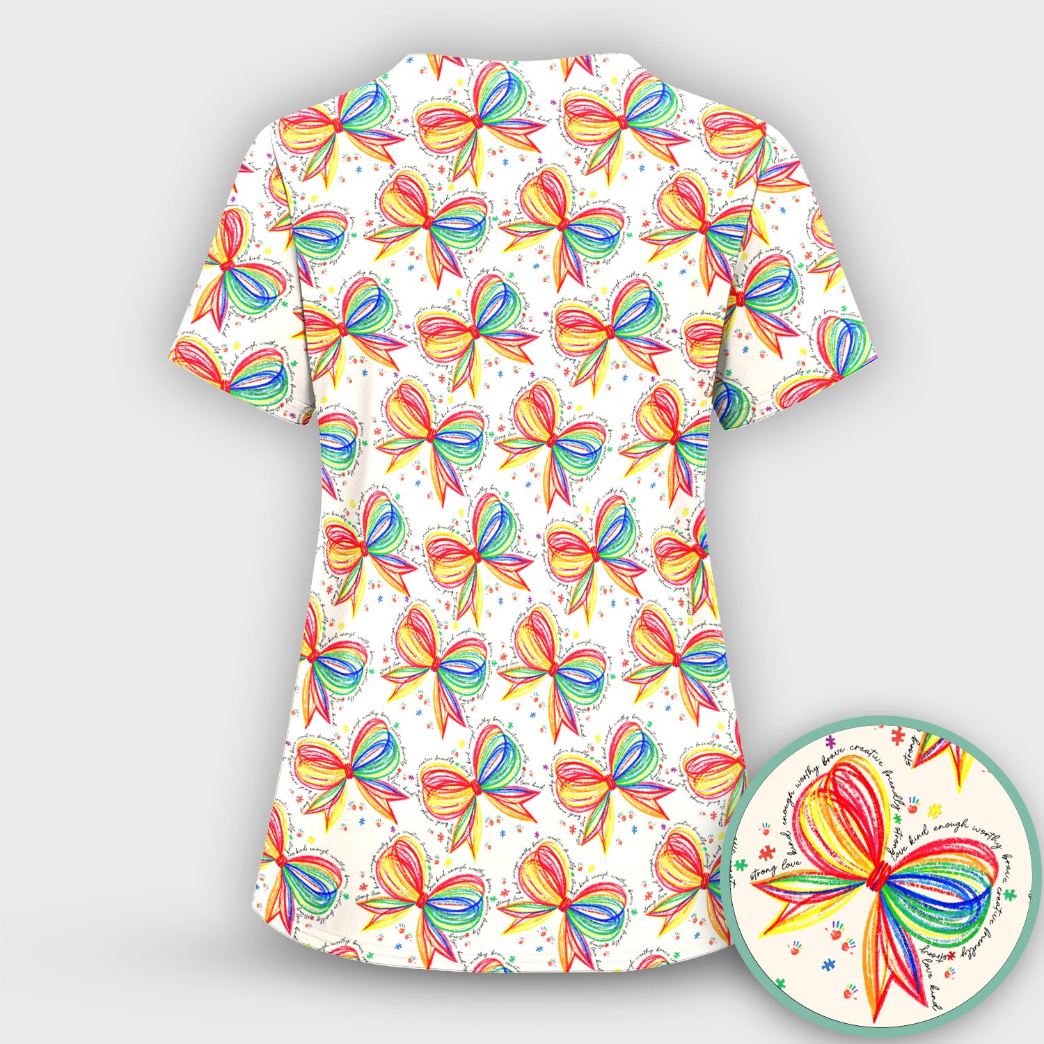 Colorful Rainbow Bow Pattern Scrub Top, Comfortable Scrubs for Nurses