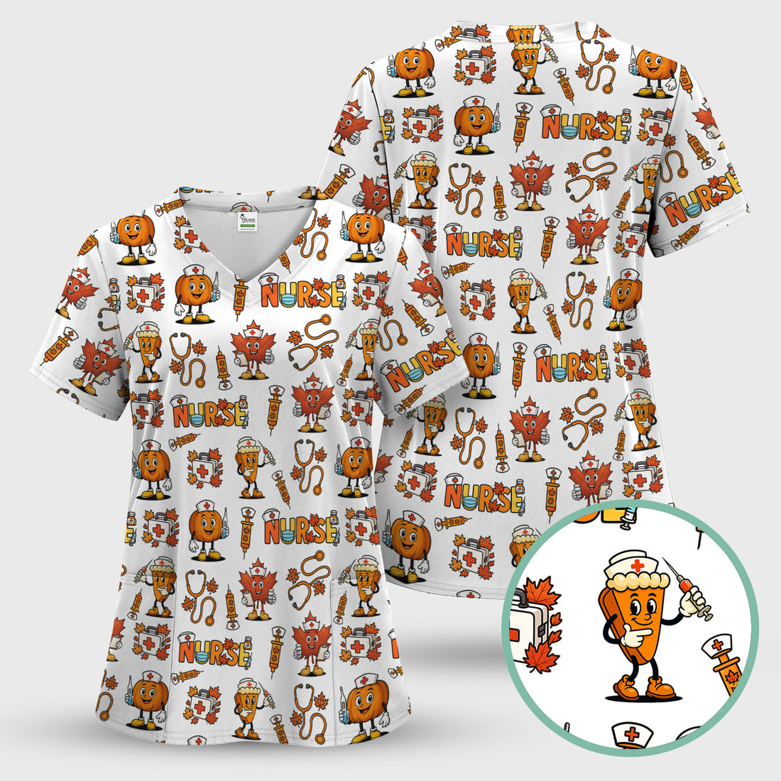 Pumpkin Nurse Scrubs Top for Women - Cute Halloween Nursing Shirt - Funny Fall Scrub Top for Nurses and Medical Workers