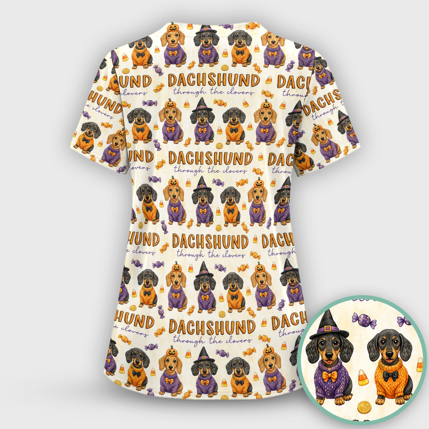 Candy Dachshund Pattern Scrub Set, Scrub Pants and V Neck Top