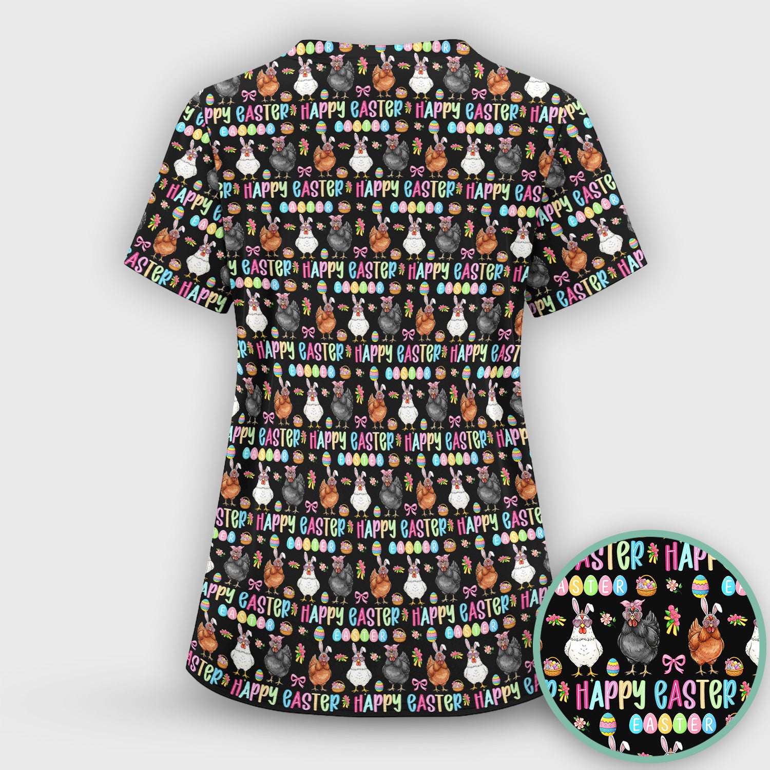 Happy Easter Bunny Eggs Pattern Scrubs Top, Comfortable Scrubs for Nurses