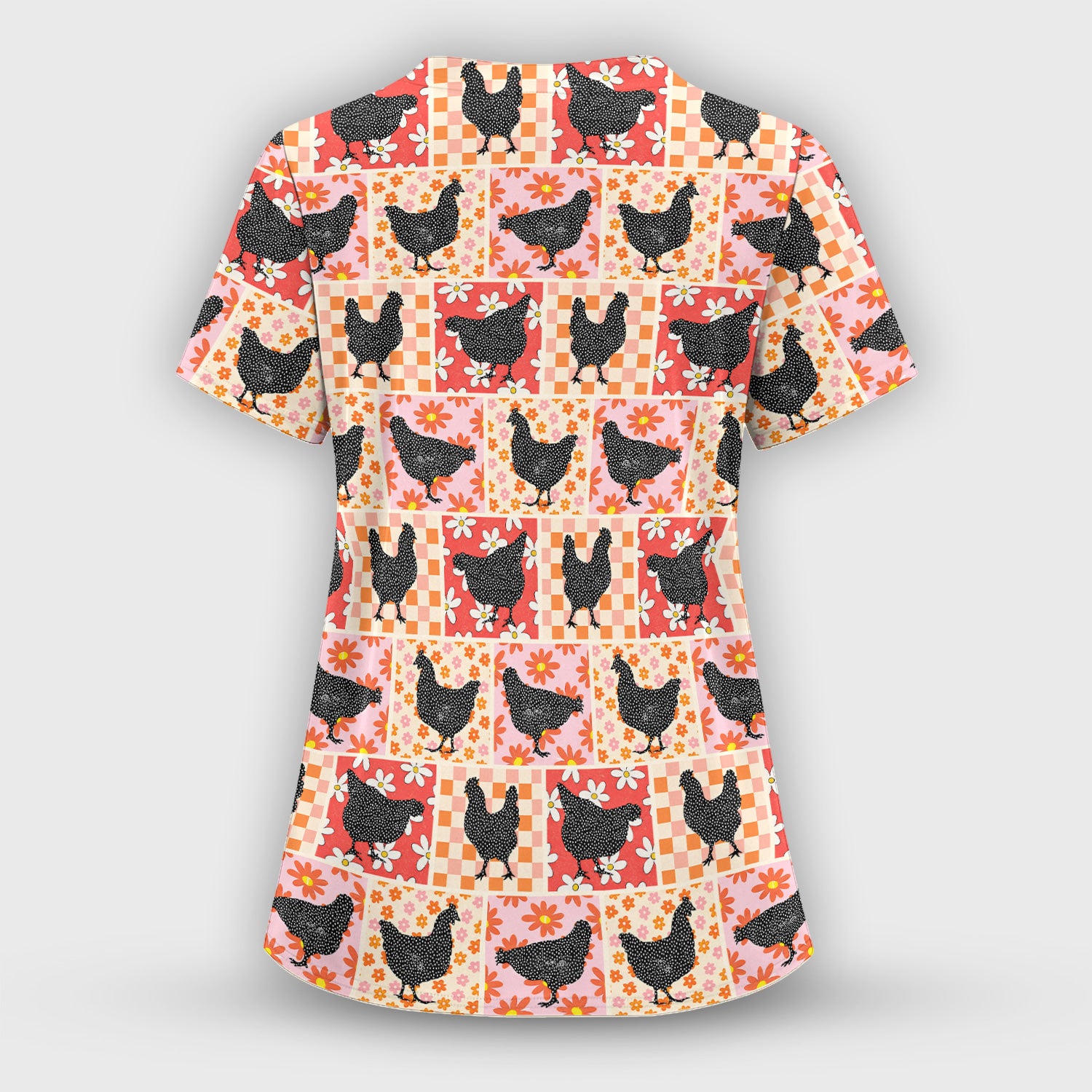 Charming Chicken Patchwork Floral Pattern Scrub Set, Scrub Pants and V Neck Top