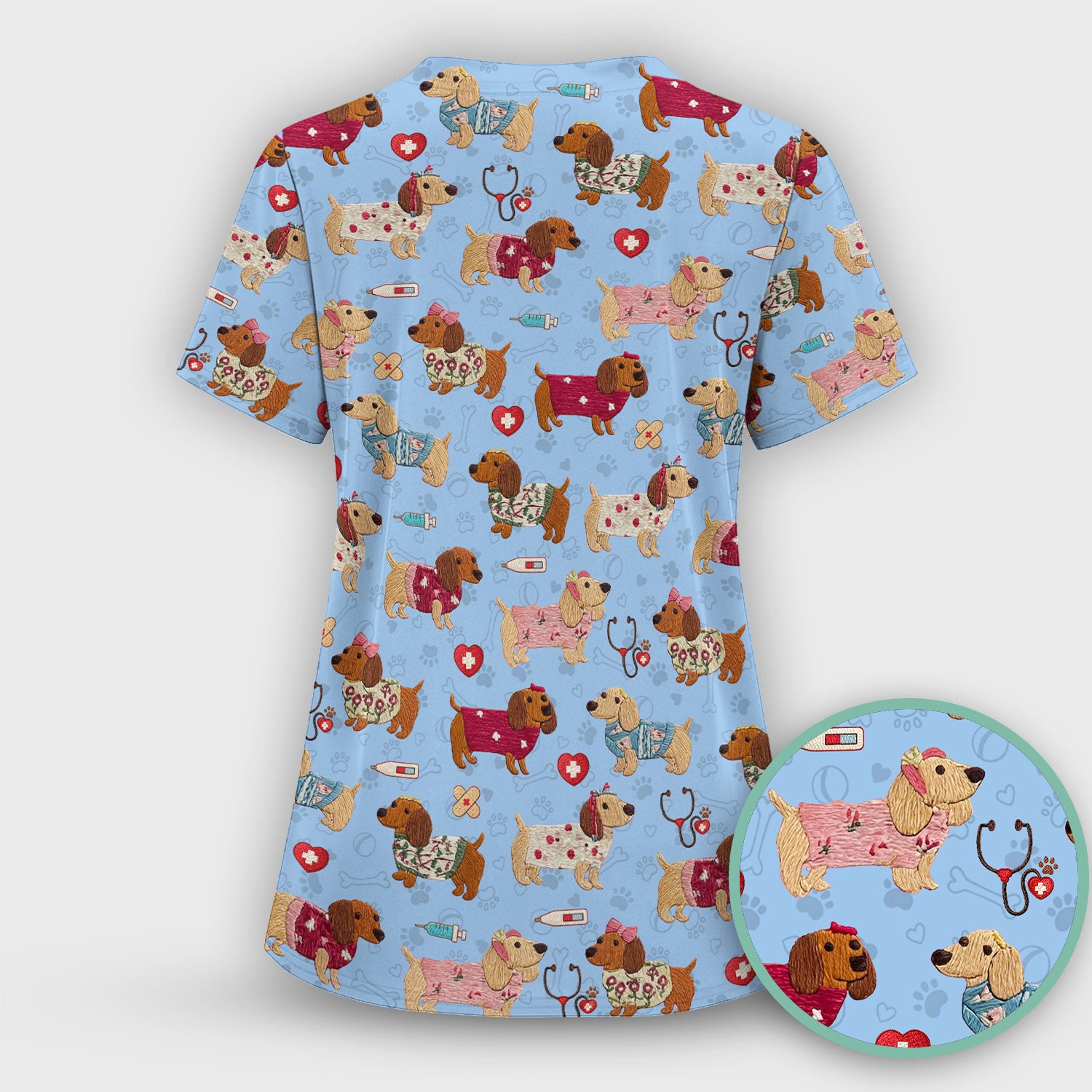Cute Medical Wiener Dog Pattern Nurse Shirt, Dachshund Nursing Scrub Set, Breathable Fabrics Nursing Uniform