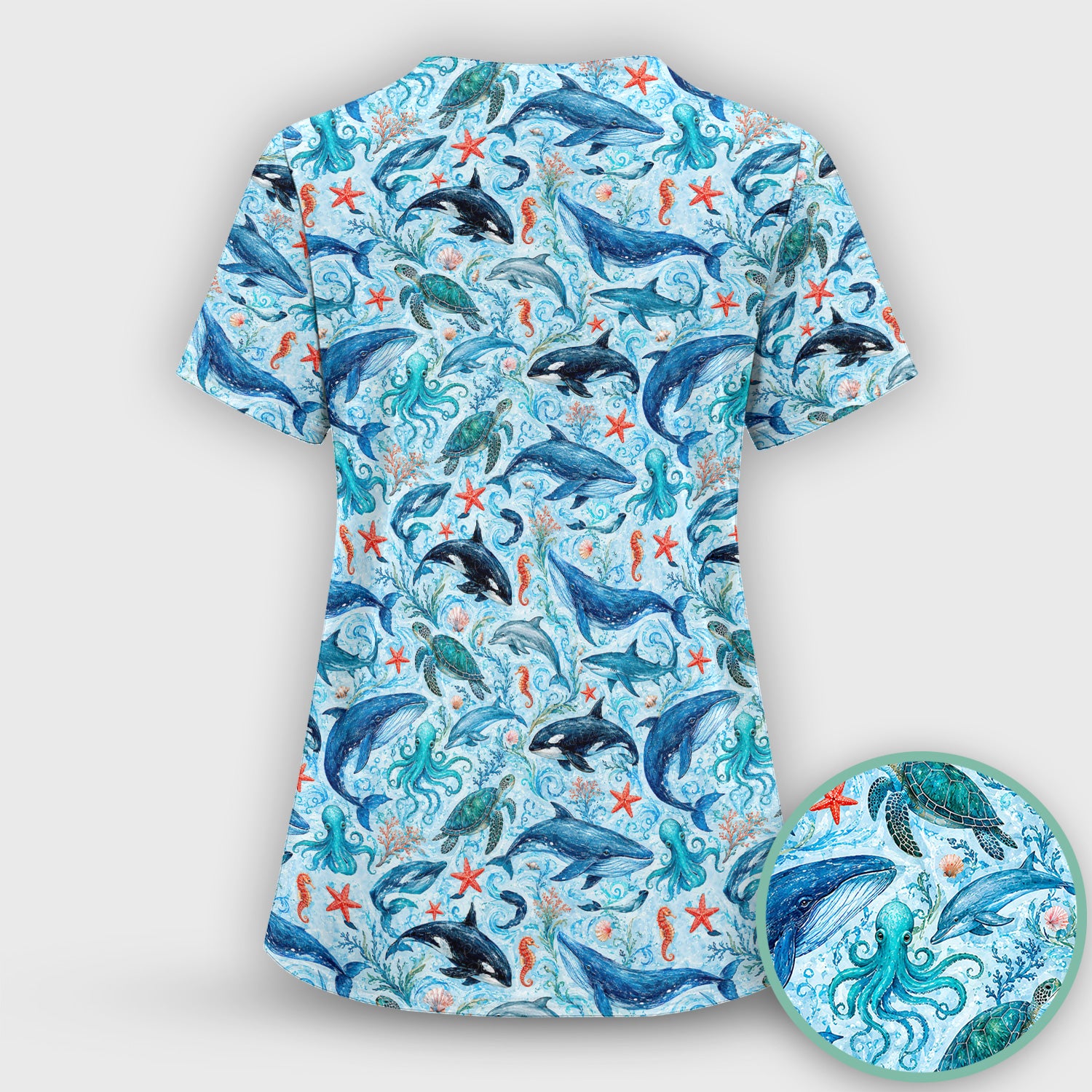 Watercolor Ocean Wildlife Scene Pattern Scrub Top, Comfortable Scrubs for Nurses