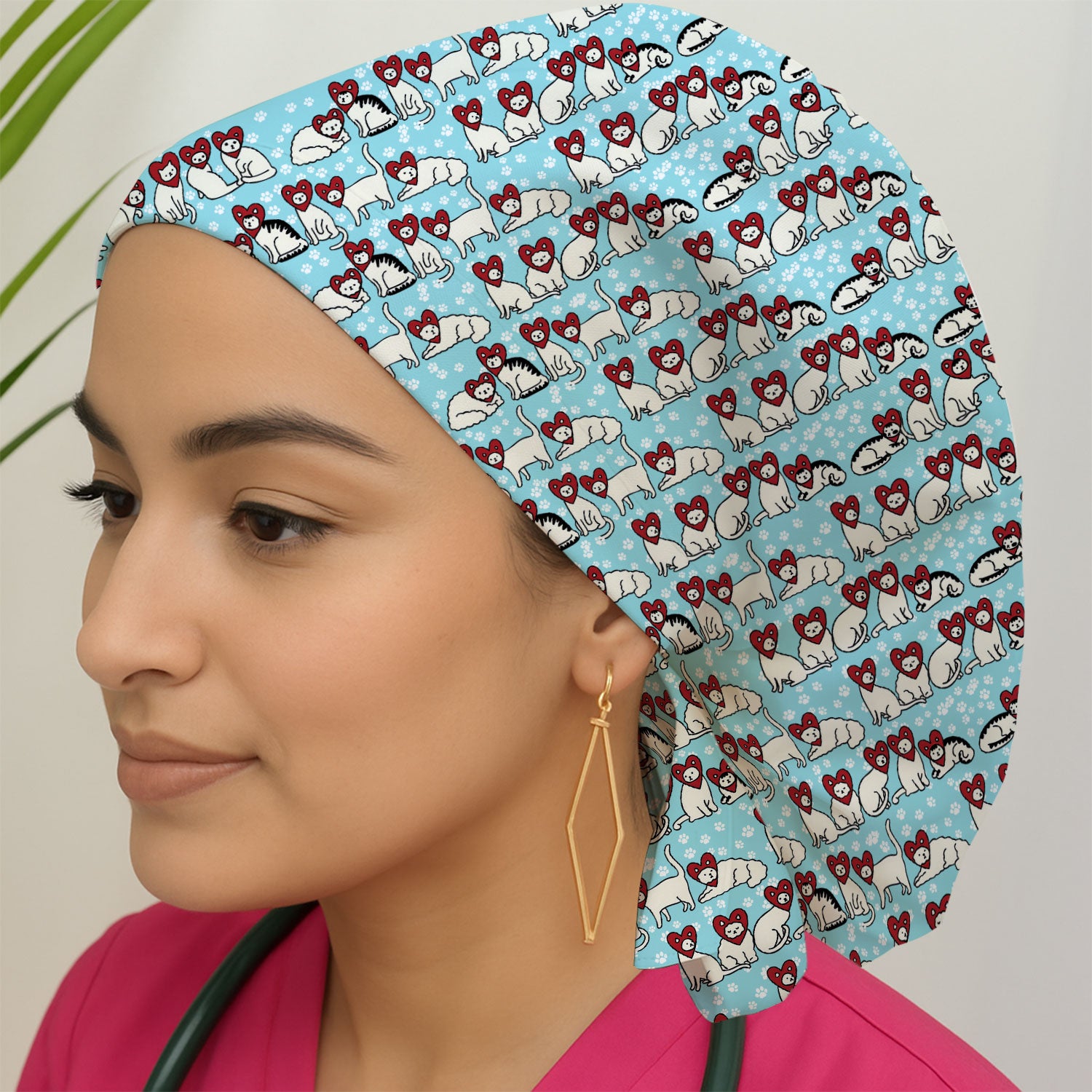 Cute Cat Heart Pattern Scrub Cap, Funny Cat Scrub Hat For Nurses, Breathable Fabrics Nursing Uniform