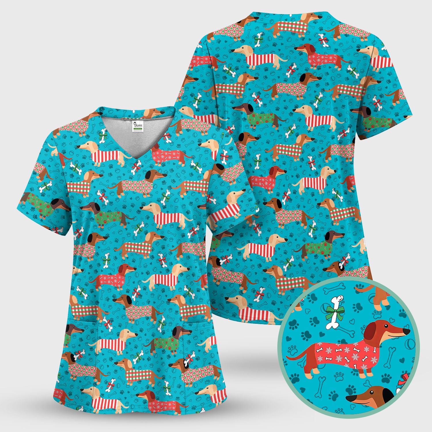 Christmas Dachshund Scrub Top for Women - Cute Sausage Dog Paw Print Nursing Uniform Holiday Shirt - Funny Xmas Medical Gift