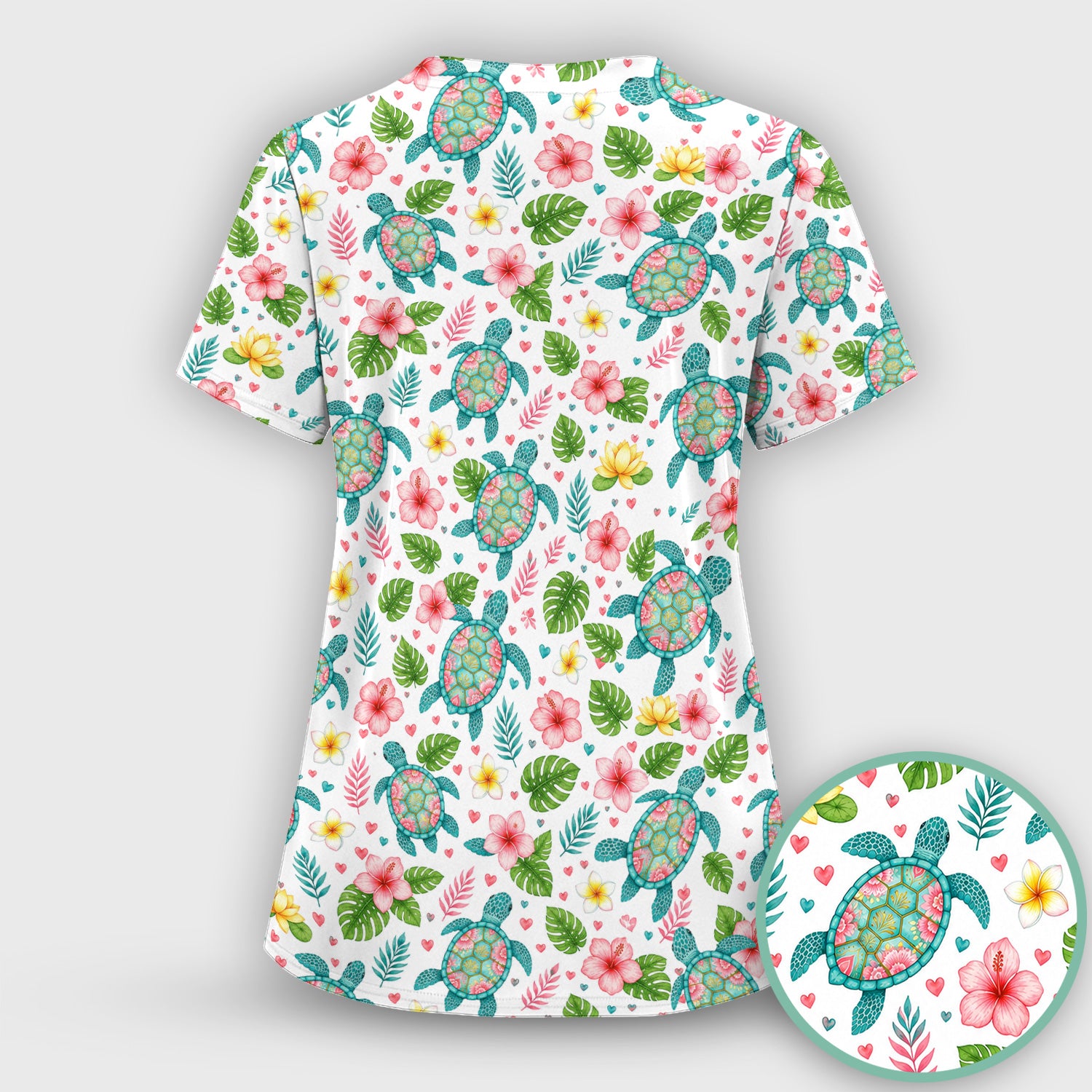 Tropical Sea Turtle Floral Pattern Scrub Top, Comfortable Scrubs for Nurses