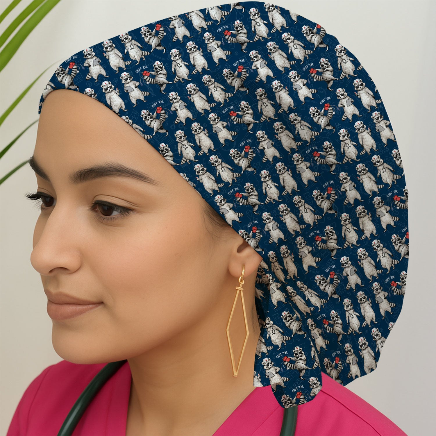 Funny Raccoon Nurse Pattern Scrub Cap, Breathable Fabrics Caps Uniform