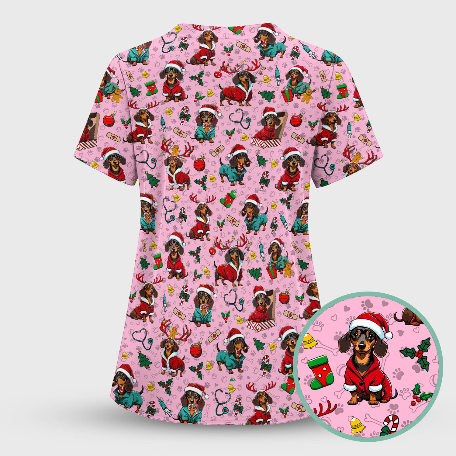 Christmas Dachshund Scrubs for Nurses - Cute Sausage Dog Holiday Scrub Top - Funny Reindeer & Santa Medical Shirt for Women
