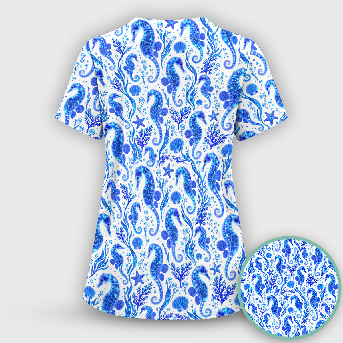 Blue Ocean Seahorse Pattern Scrub Top, Comfortable Scrubs for Nurses