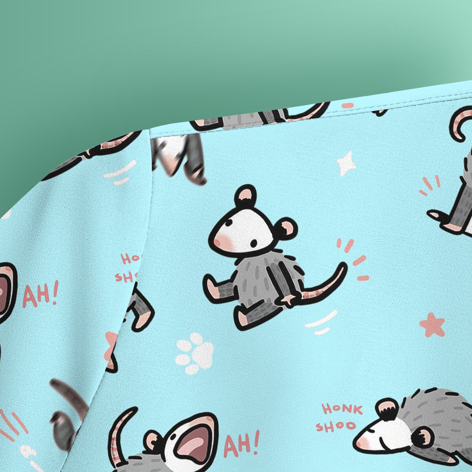 Playful Cartoon Opossum Character Pattern Scrub Top, Breathable Fabrics Nursing Uniform
