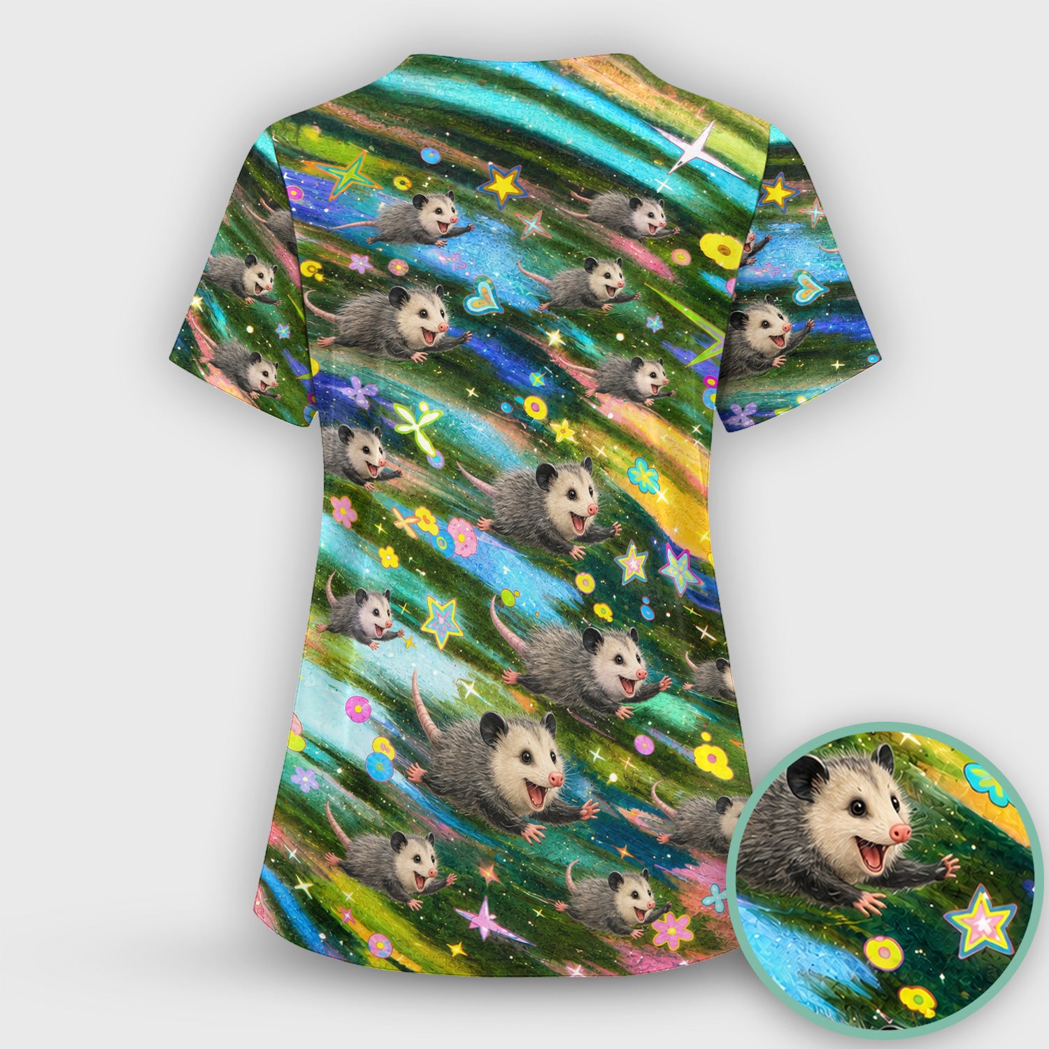 Colorful Opossum Rainbow Stars Print Scrub Top, Comfortable Scrubs for Nurses