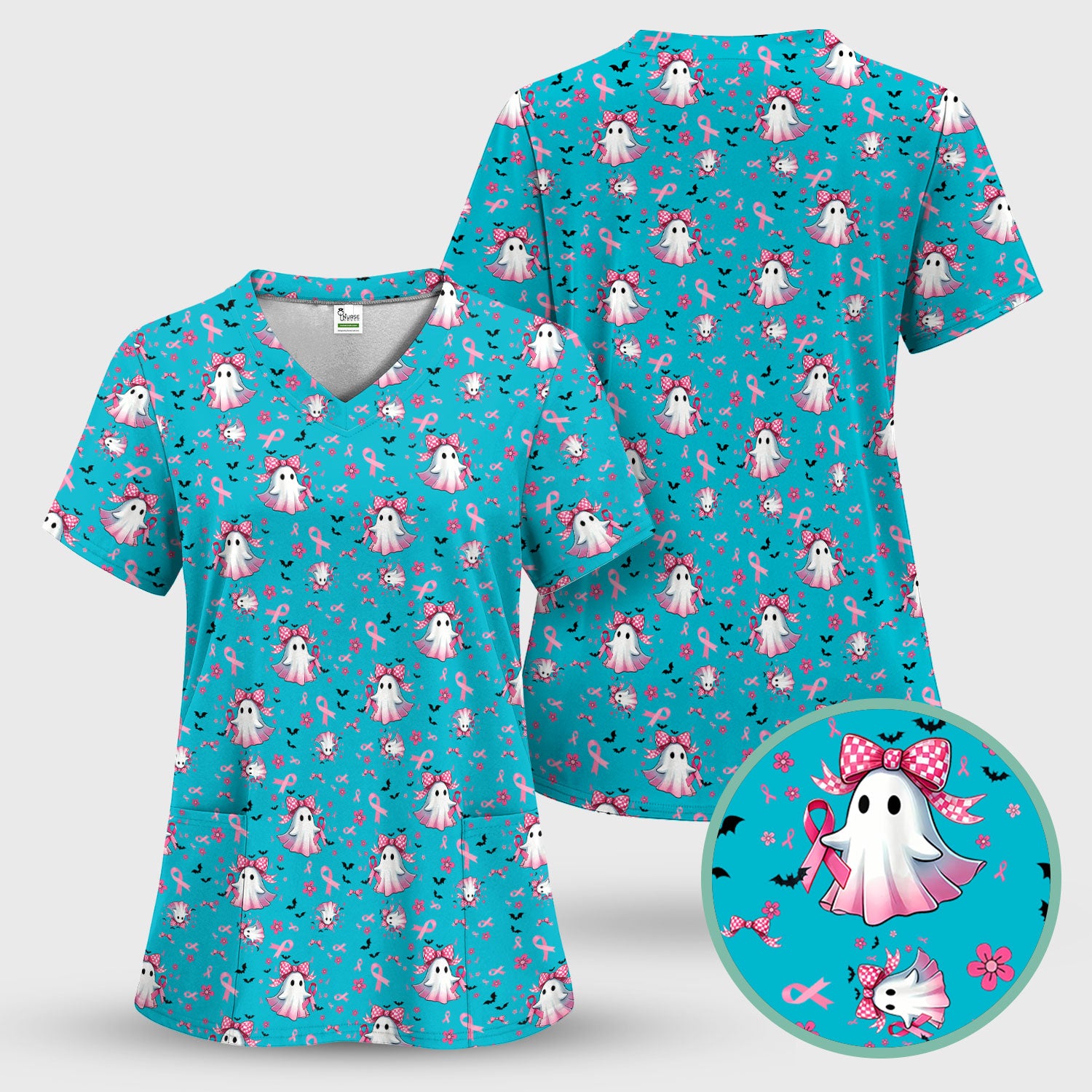 Halloween Ghost Scrub Top for Women - Breast Cancer Awareness Pink Ribbon Nurse Shirt - Cute Spooky Medical Uniform RN LPN CNA