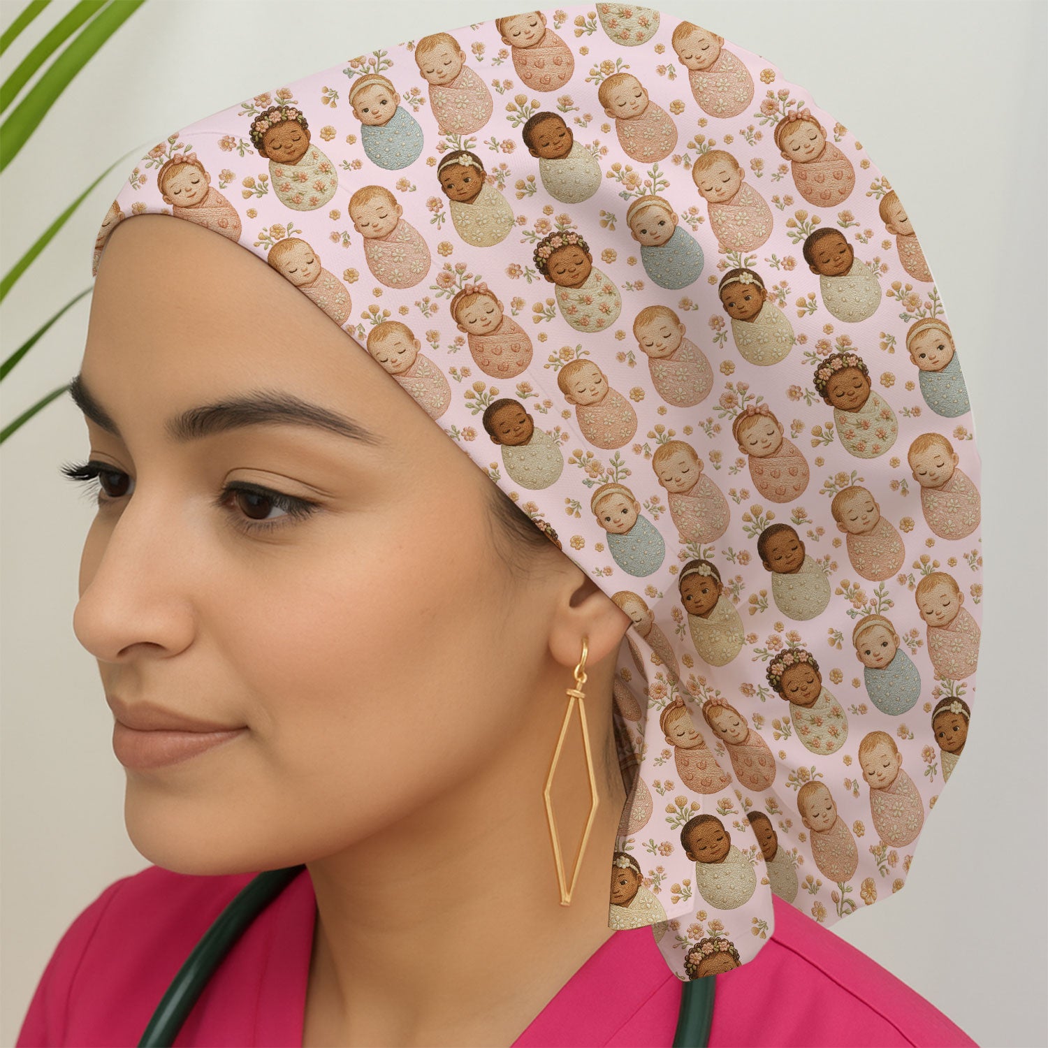 Sweet Newborn Baby Floral Print Scrub Cap, Bouffant Scrub Caps for Women