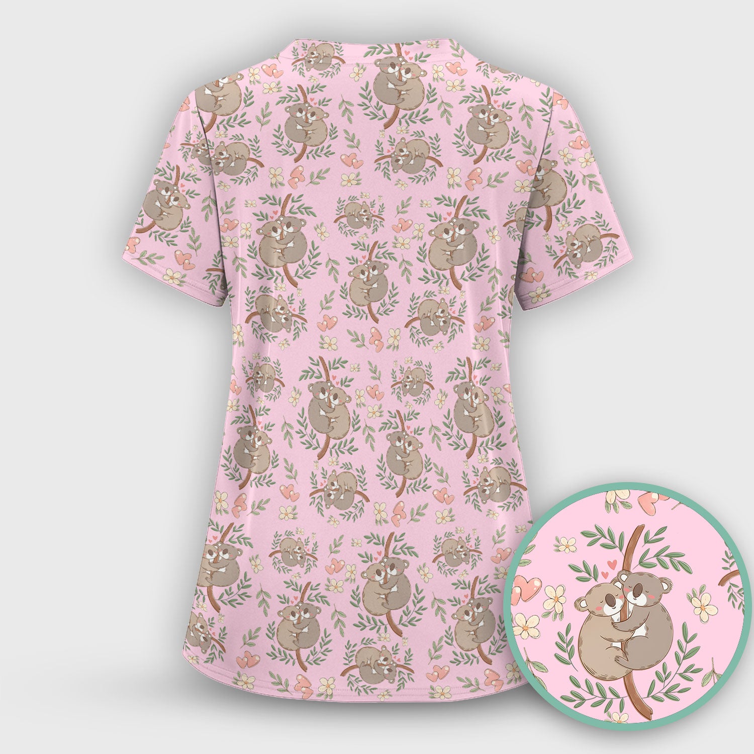 Cute Koala Couple Floral Medical Print Scrub Set, Women's Scrub Sets