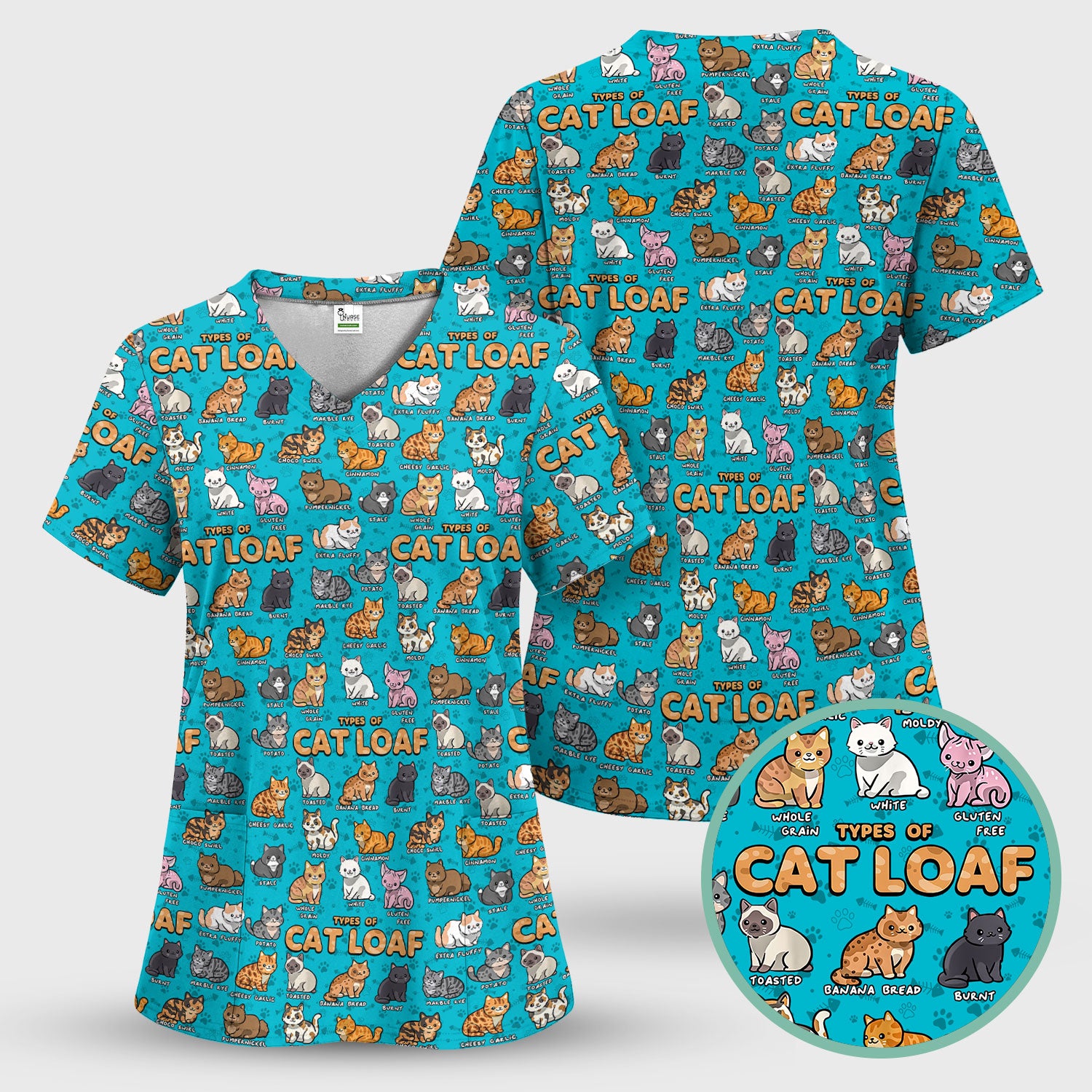 Cute Cat Scrub Top for Women - Funny Cat Loaf Print Nurse Shirt - Cat Lover Medical Uniform RN LPN CNA Gift
