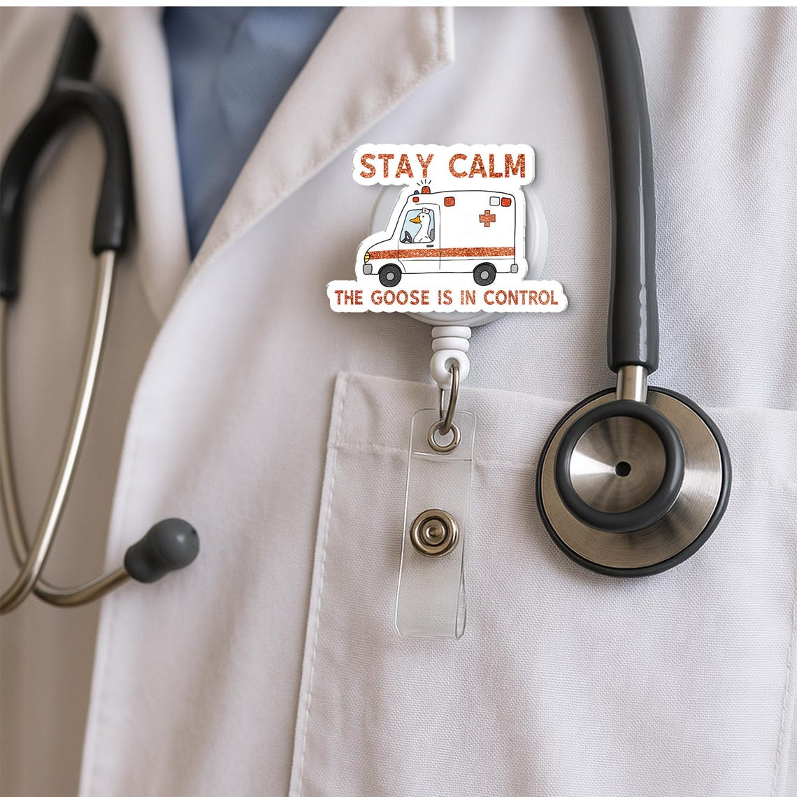 Funny Goose Badge Reel, Stay Calm Nurse ID Holder, Retractable Work Badge, RN LPN CNA ER Gift