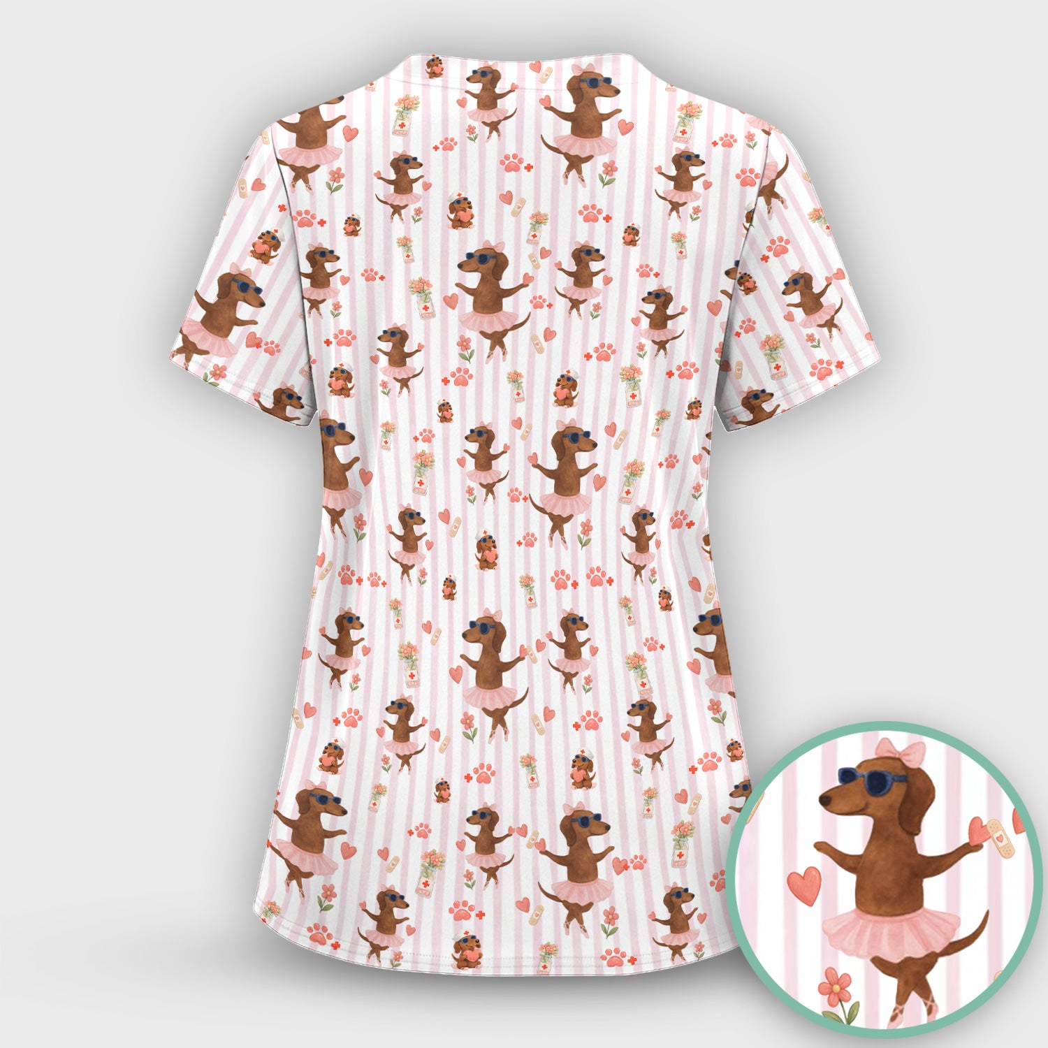 Cute Dachshund Dog Ballet Tutu Hearts Pattern Scrub Set, Scrub Pants and V Neck Top