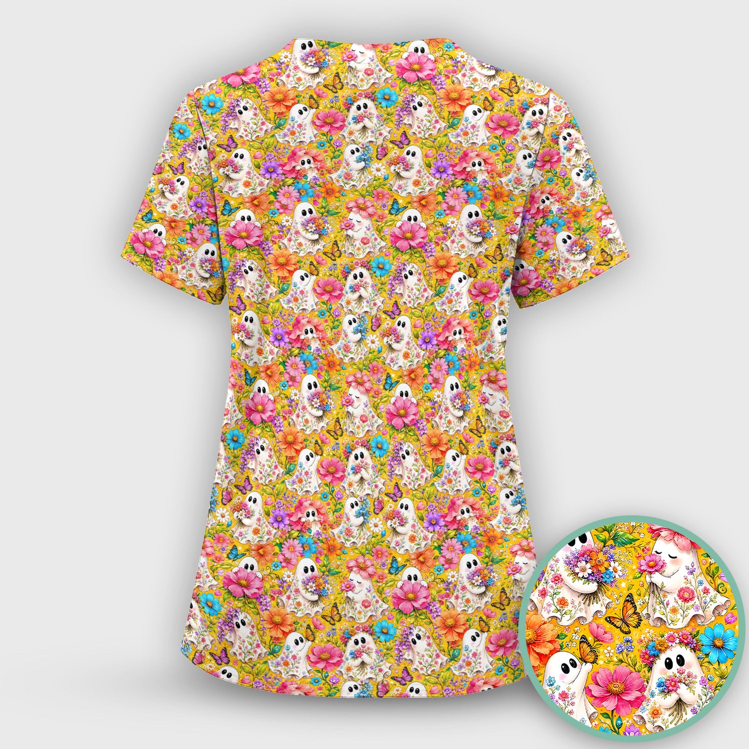Cute Floral Ghosts And Butterflies Scrub Top, Comfortable Scrubs for Nurses